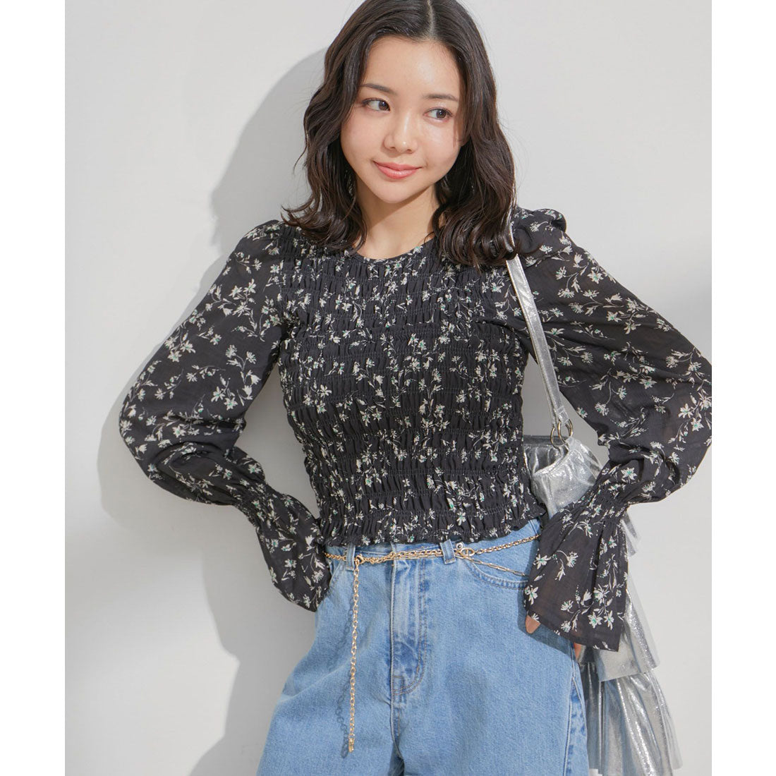 ビス VIS 【セットアップ対応】花柄シャーリングブラウス （オレンジ系（71）） オレンジ系（71）