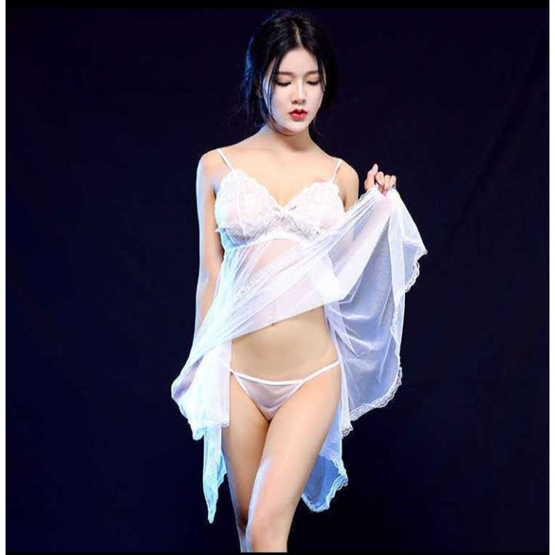 バニラ Vanilla セクシー雑貨 透け感レースベビードール＆Tバックショーツセット,白