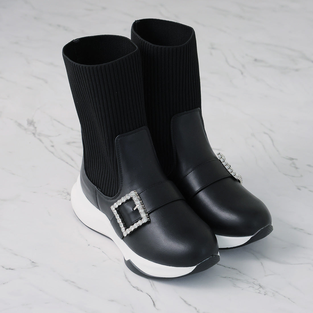 ヴィヴィアン VIVIAN 厚底ビジューバックルニットスニーカーブーツ,ブラック