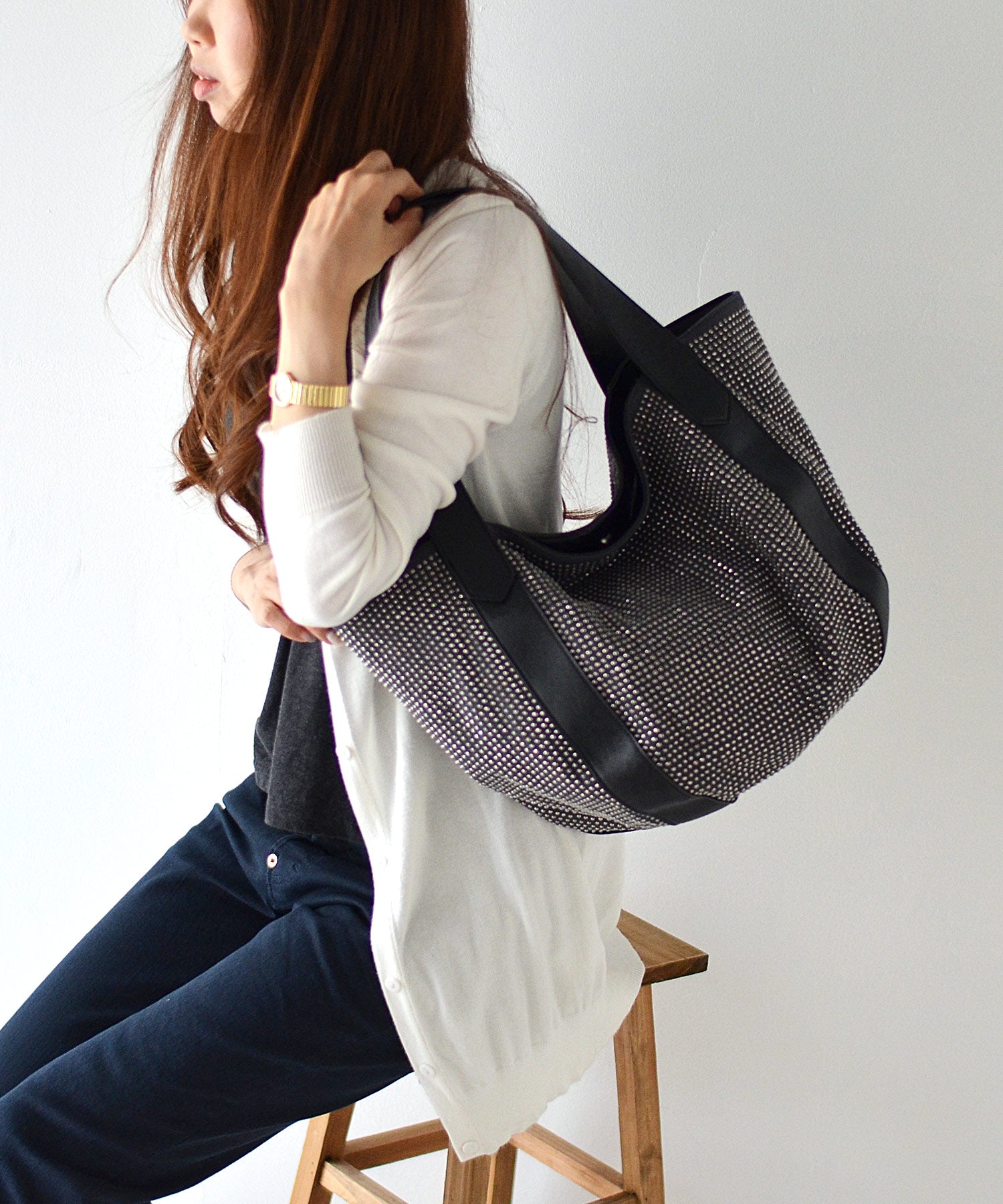 ヴィータフェリーチェ VitaFelice ラインストーンラウンドトートバッグ【aroco/アロコ】 a4 レディース バルーントートバッグ 通勤バッグ バルーンバッグ キラキラ マザーズバック （デニム） デニム