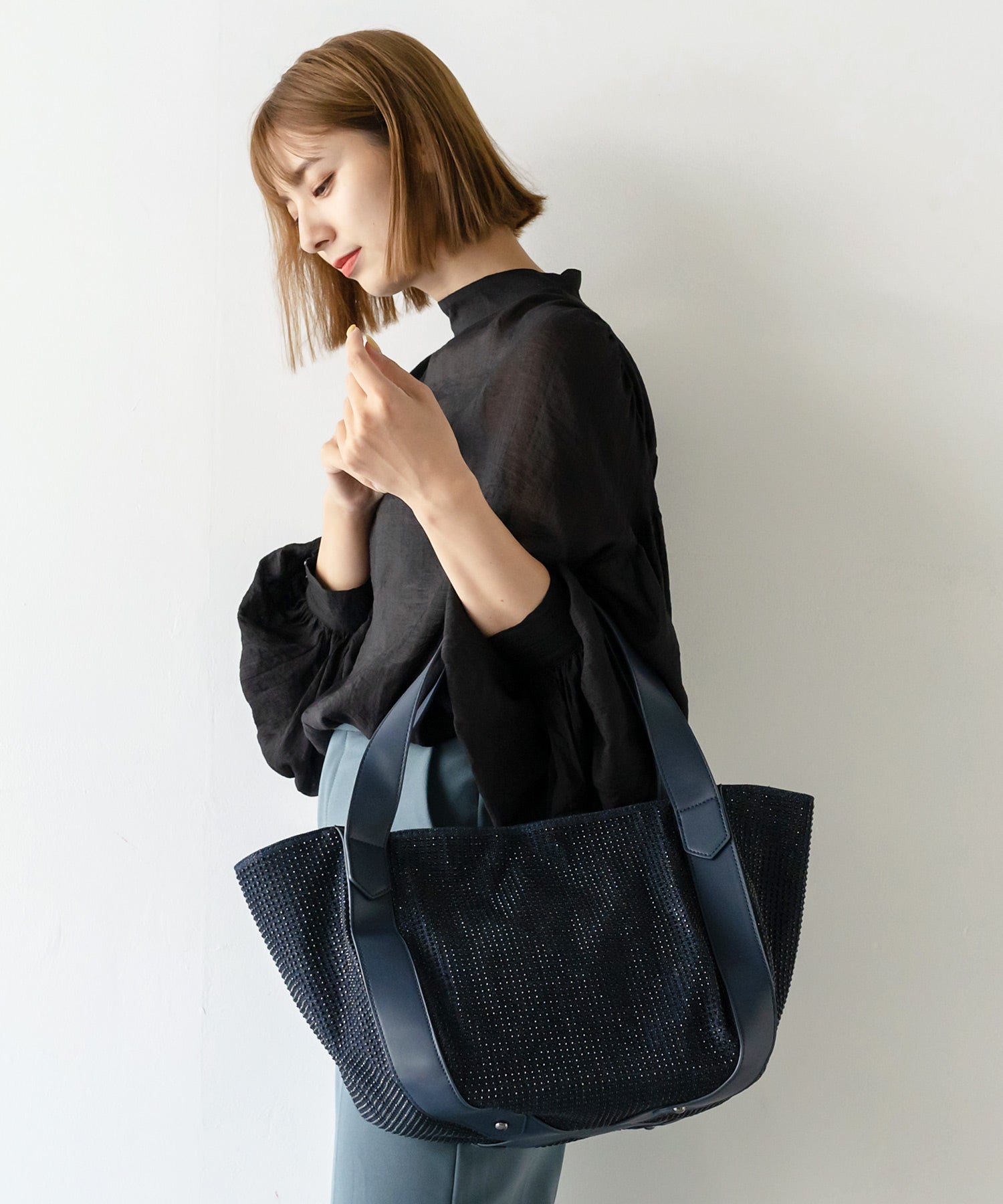 ヴィータフェリーチェ VitaFelice ラインストーンラウンドトートバッグ【aroco/アロコ】 a4 レディース バルーントートバッグ 通勤バッグ バルーンバッグ キラキラ マザーズバック （デニム） デニム