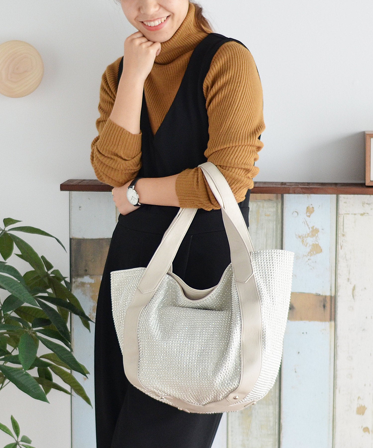 ヴィータフェリーチェ VitaFelice ラインストーンラウンドトートバッグ【aroco/アロコ】 a4 レディース バルーントートバッグ 通勤バッグ バルーンバッグ キラキラ マザーズバック （デニム） デニム