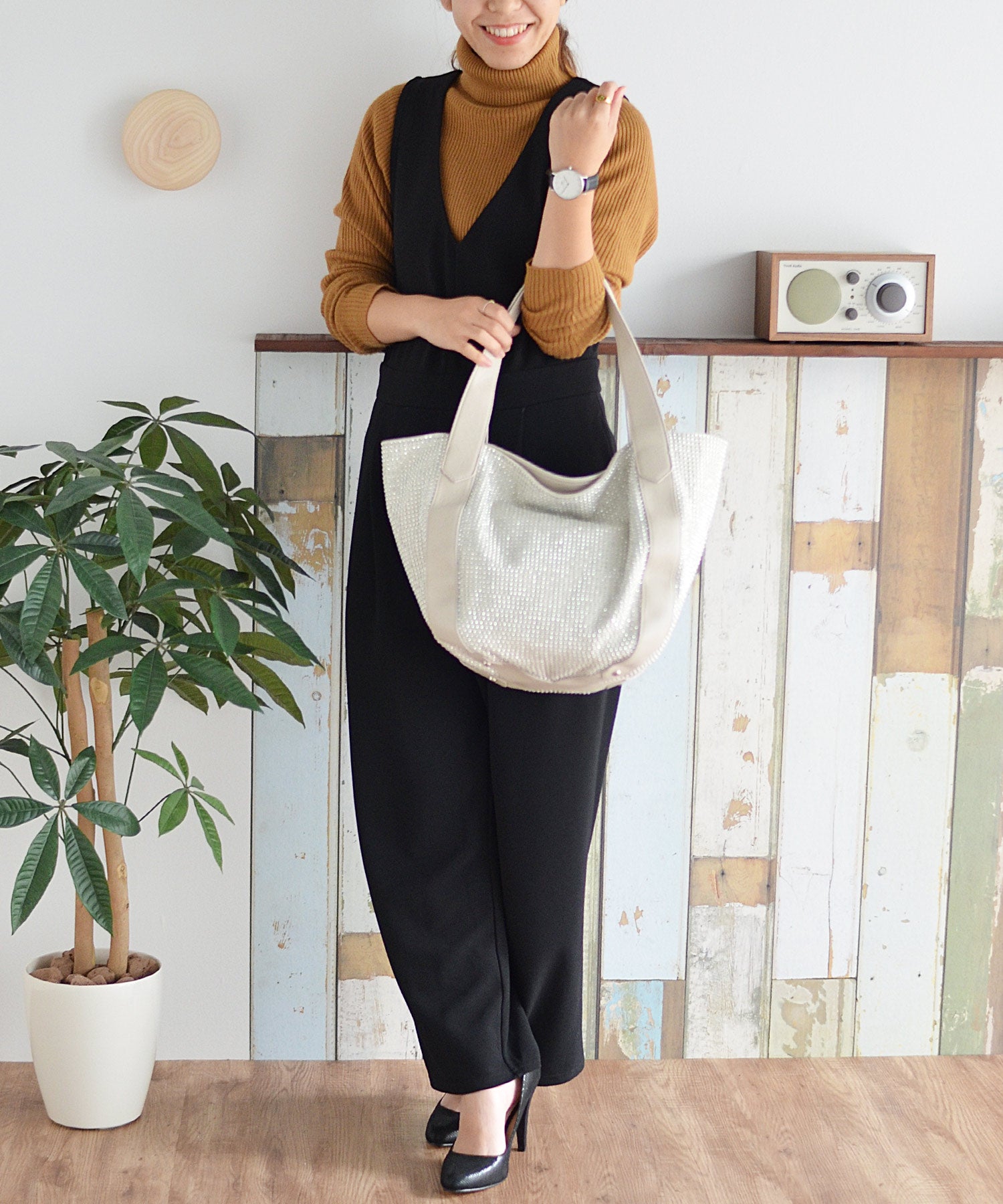 ヴィータフェリーチェ VitaFelice ラインストーンラウンドトートバッグ【aroco/アロコ】 a4 レディース バルーントートバッグ 通勤バッグ バルーンバッグ キラキラ マザーズバック （デニム） デニム