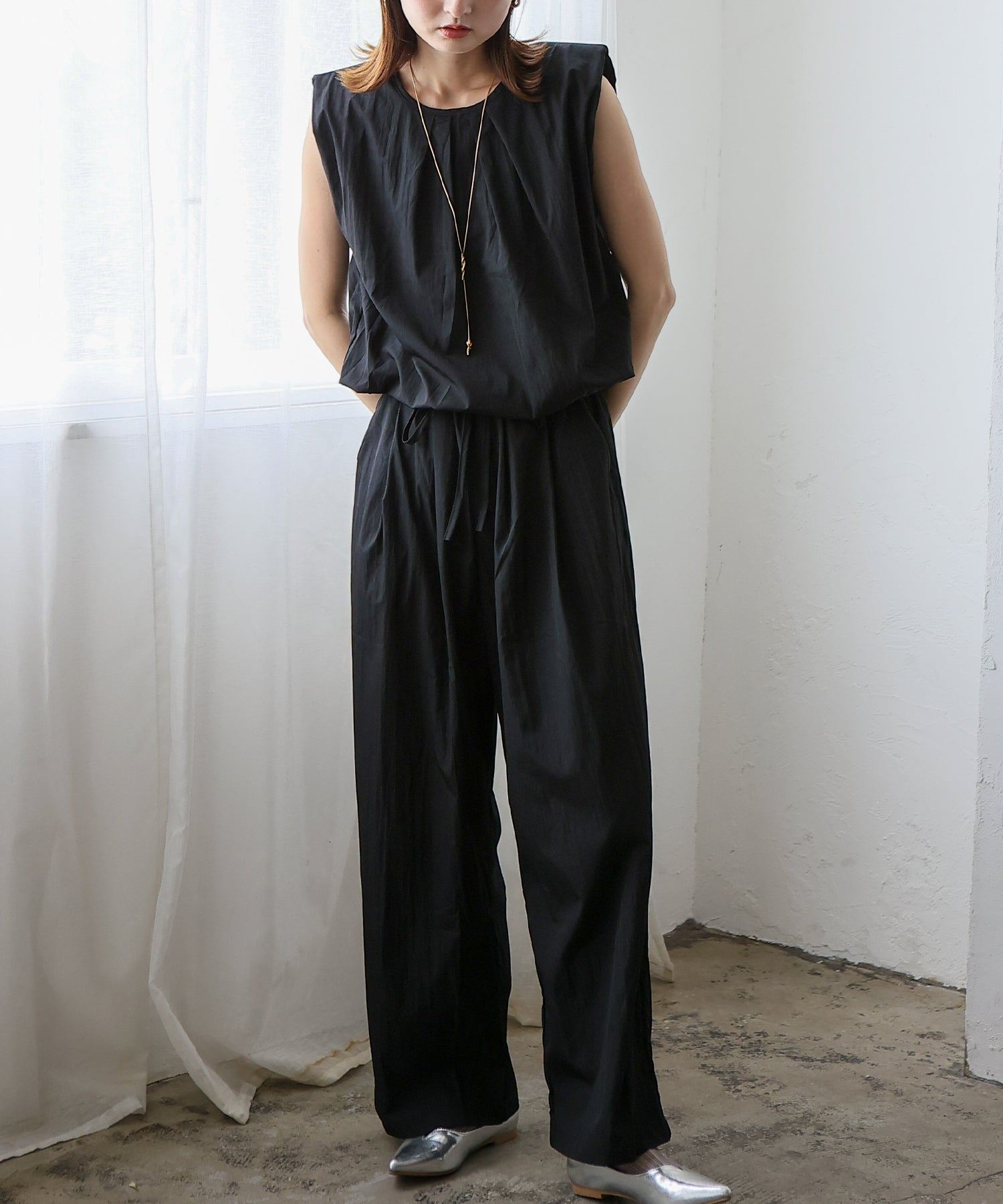 ヴィータフェリーチェ VitaFelice バルーンヘムノースリーブブラウス＆ワイドパンツ セットアップ （BLACK） BLACK
