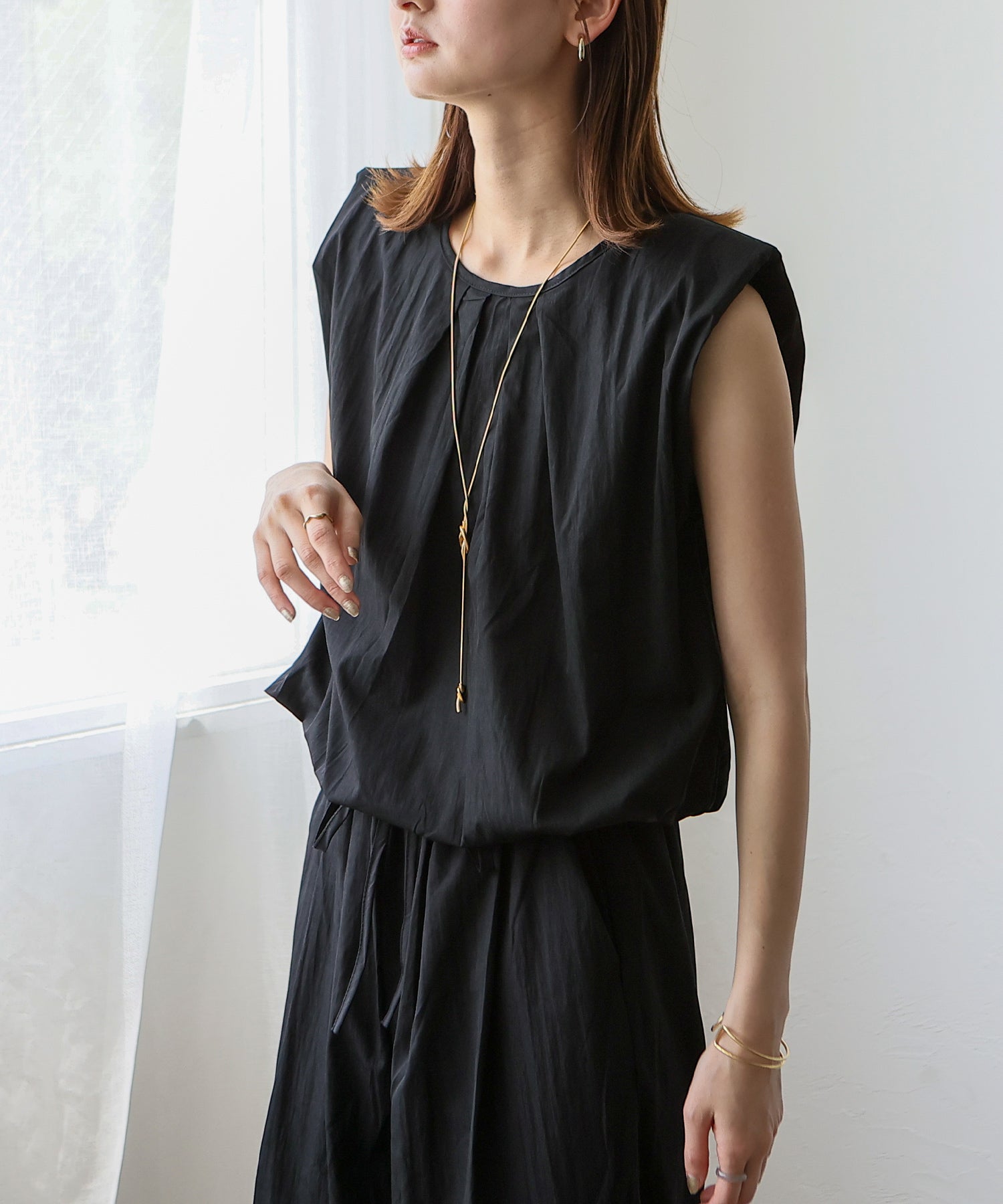 ヴィータフェリーチェ VitaFelice バルーンヘムノースリーブブラウス＆ワイドパンツ セットアップ （BLACK） BLACK