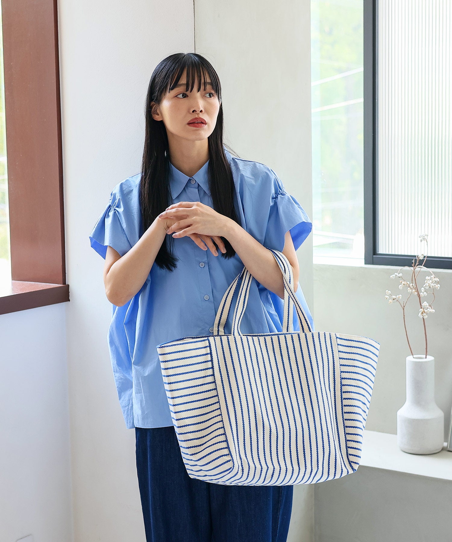 ヴィータフェリーチェ VitaFelice ストライプキャンバストートバッグ （BLUE） BLUE