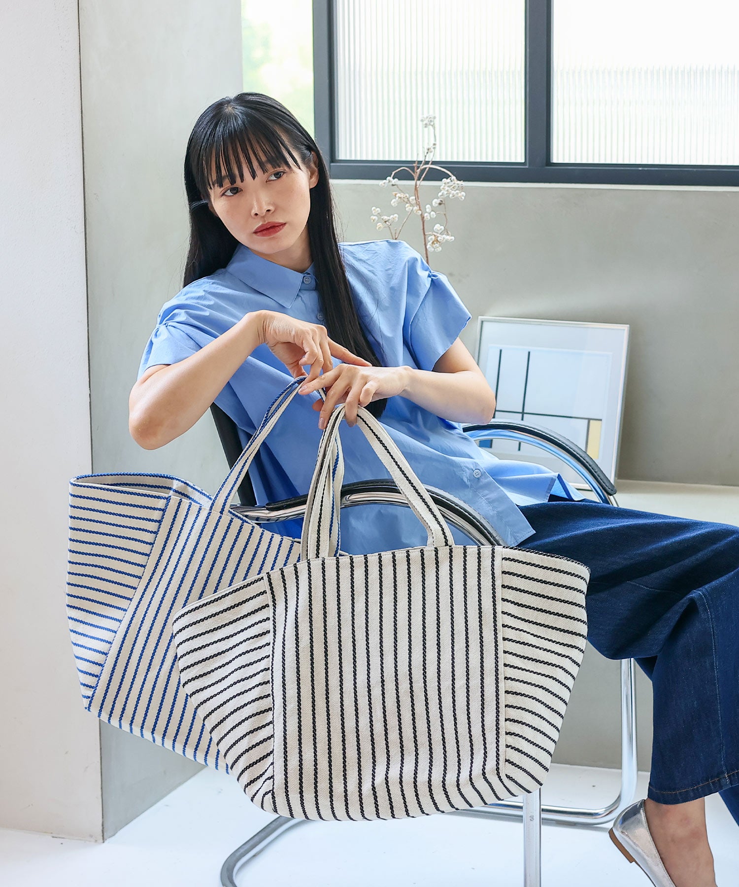 ヴィータフェリーチェ VitaFelice ストライプキャンバストートバッグ （BLUE） BLUE
