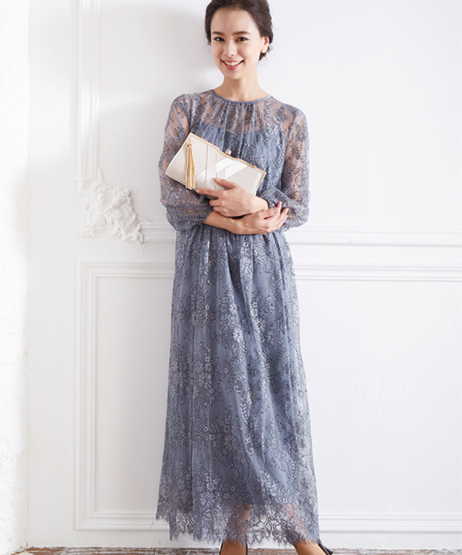 ヴィータフェリーチェ VitaFelice ロング丈七分袖総レースフレアワンピースドレス 結婚式 袖あり パーティードレス フォーマルドレス お呼ばれ ドレス ミセス 二次会 同窓会 成人式 （ブルーグレー） ブルーグレー