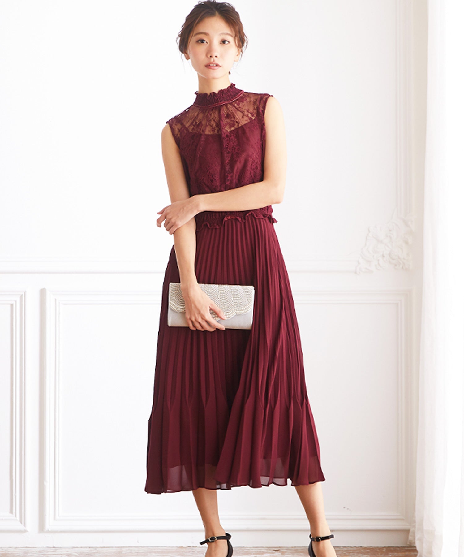 ヴィータフェリーチェ VitaFelice ロング丈ノースリーブレースフリルワンピースドレス 結婚式 パーティードレス フォーマルドレス お呼ばれ ドレス ミセス 二次会 同窓会 成人式 プリーツ ゴム  （アーミーカーキ） アーミーカーキ