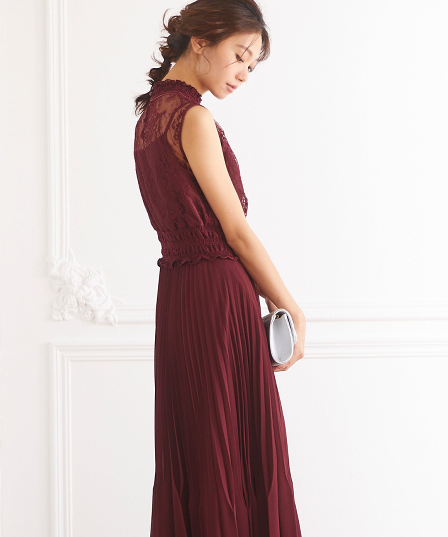 ヴィータフェリーチェ VitaFelice ロング丈ノースリーブレースフリルワンピースドレス 結婚式 パーティードレス フォーマルドレス お呼ばれ ドレス ミセス 二次会 同窓会 成人式 プリーツ ゴム  （アーミーカーキ） アーミーカーキ