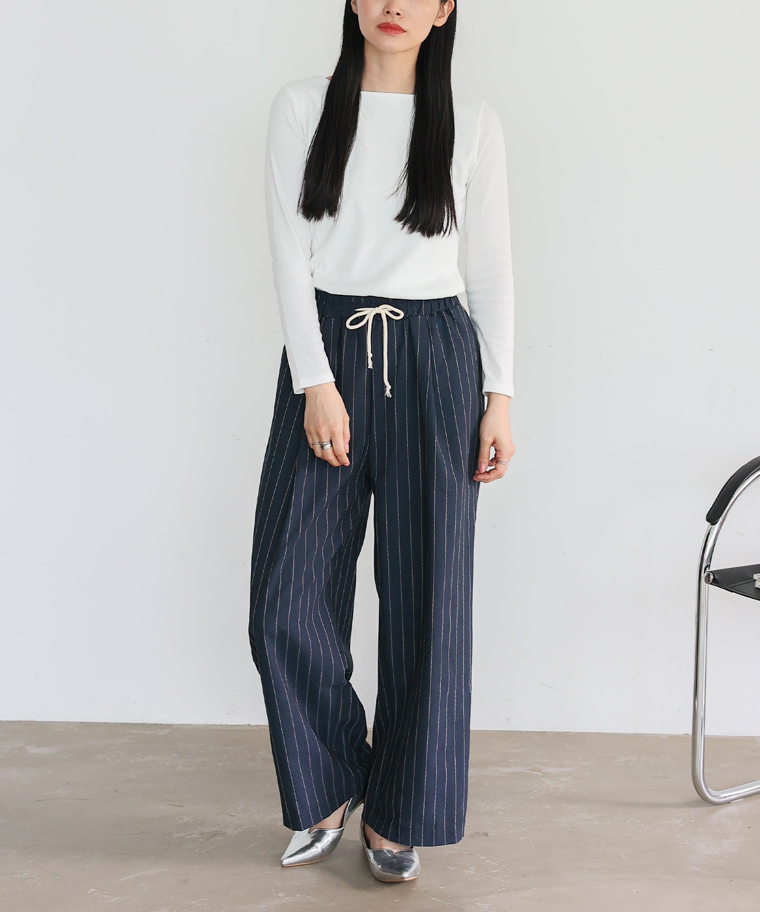 ヴィータフェリーチェ VitaFelice リネンライクストライプイージーパンツ （NAVY） NAVY