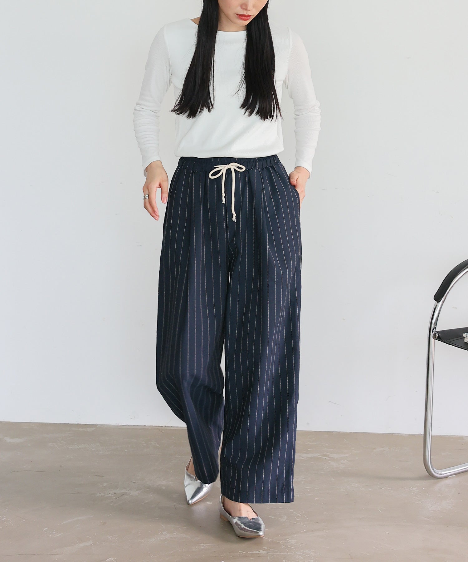 ヴィータフェリーチェ VitaFelice リネンライクストライプイージーパンツ （NAVY） NAVY