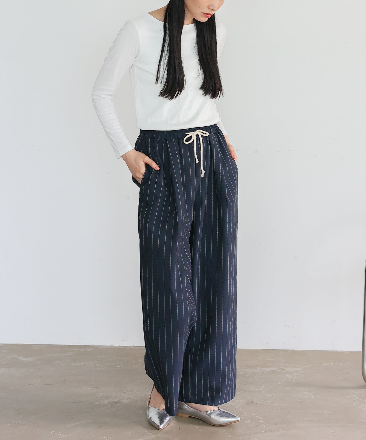 ヴィータフェリーチェ VitaFelice リネンライクストライプイージーパンツ （NAVY） NAVY