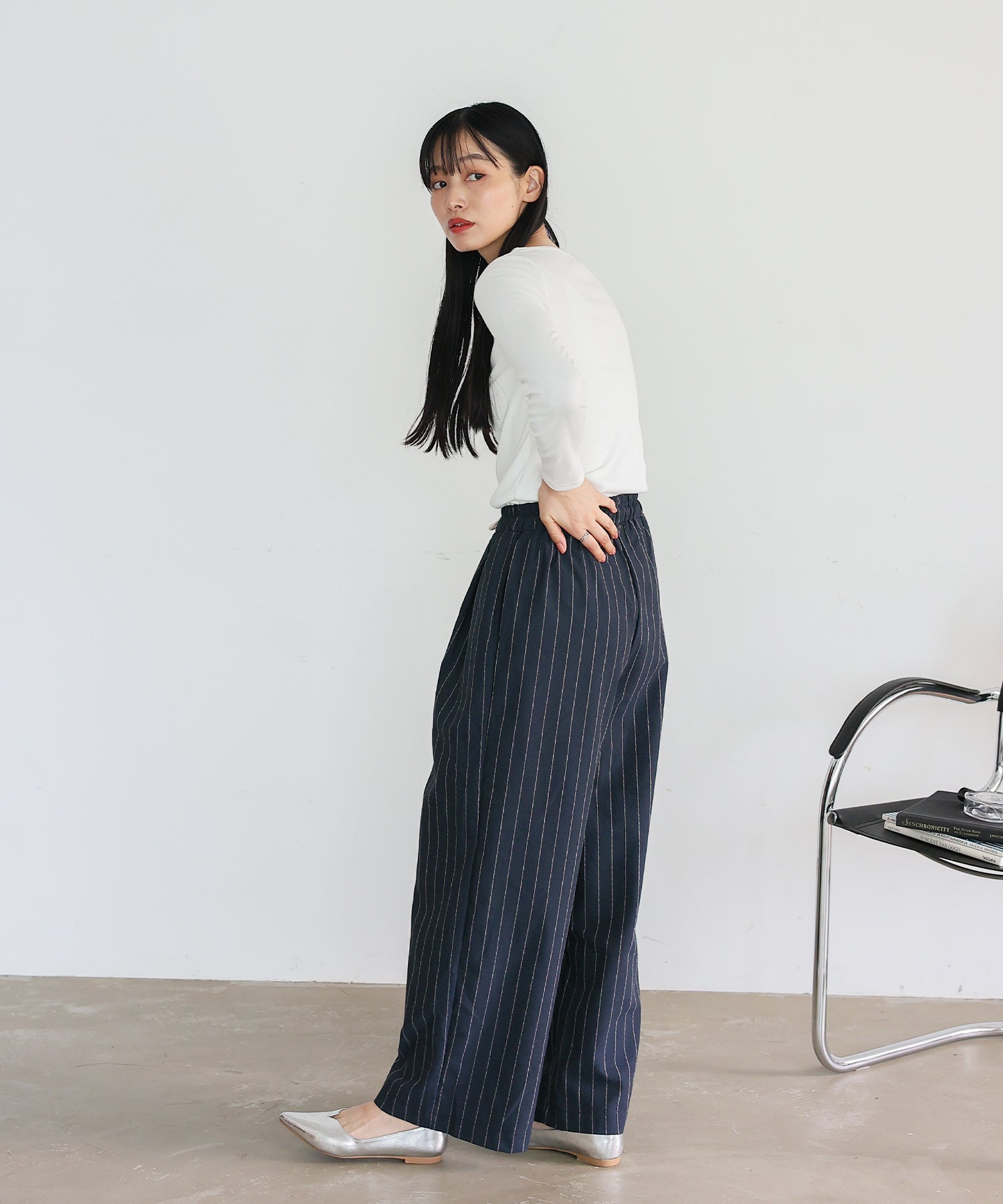 ヴィータフェリーチェ VitaFelice リネンライクストライプイージーパンツ （NAVY） NAVY