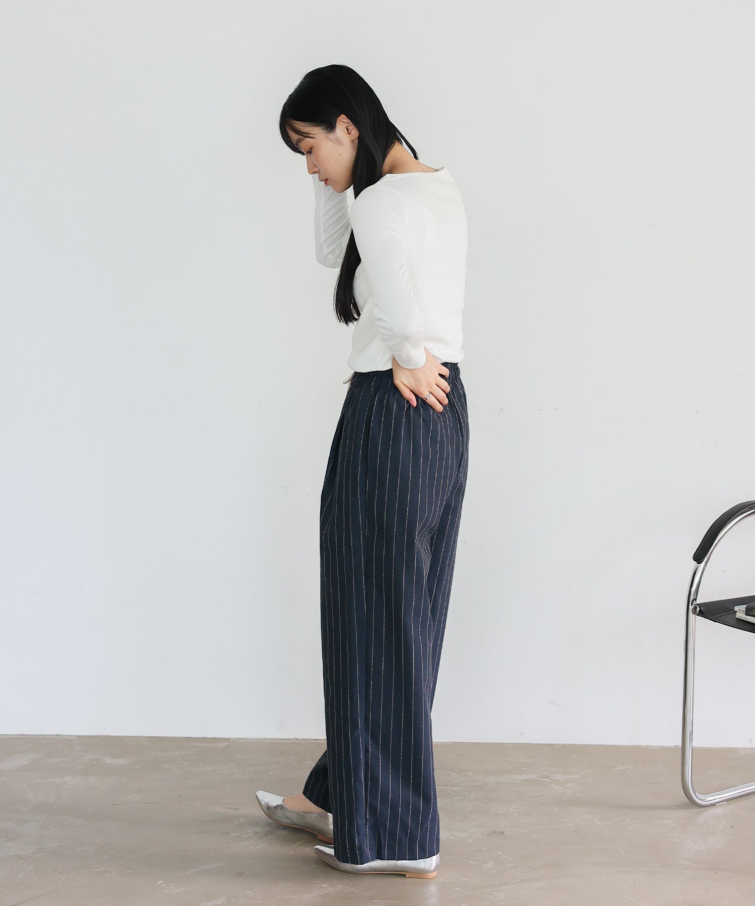 ヴィータフェリーチェ VitaFelice リネンライクストライプイージーパンツ （NAVY） NAVY