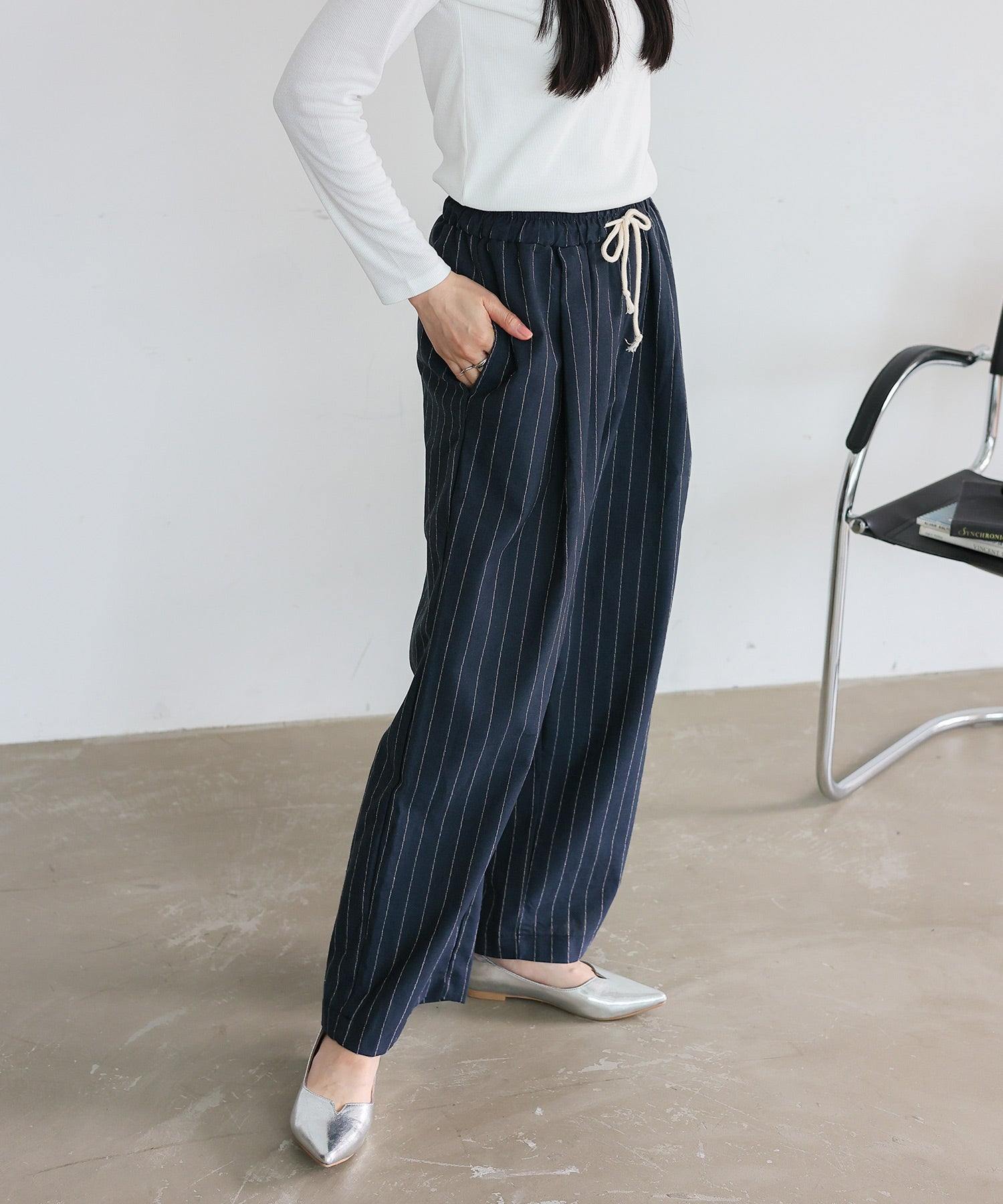 ヴィータフェリーチェ VitaFelice リネンライクストライプイージーパンツ （NAVY） NAVY