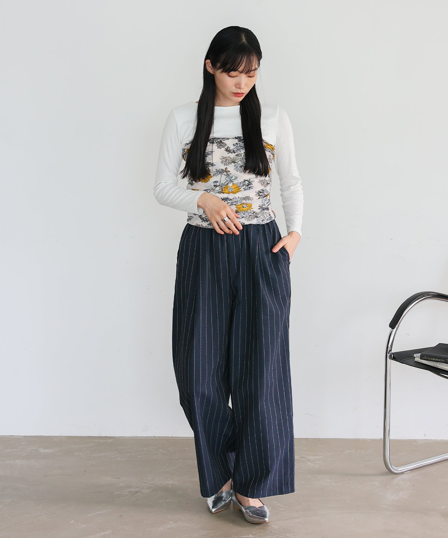 ヴィータフェリーチェ VitaFelice リネンライクストライプイージーパンツ （NAVY） NAVY