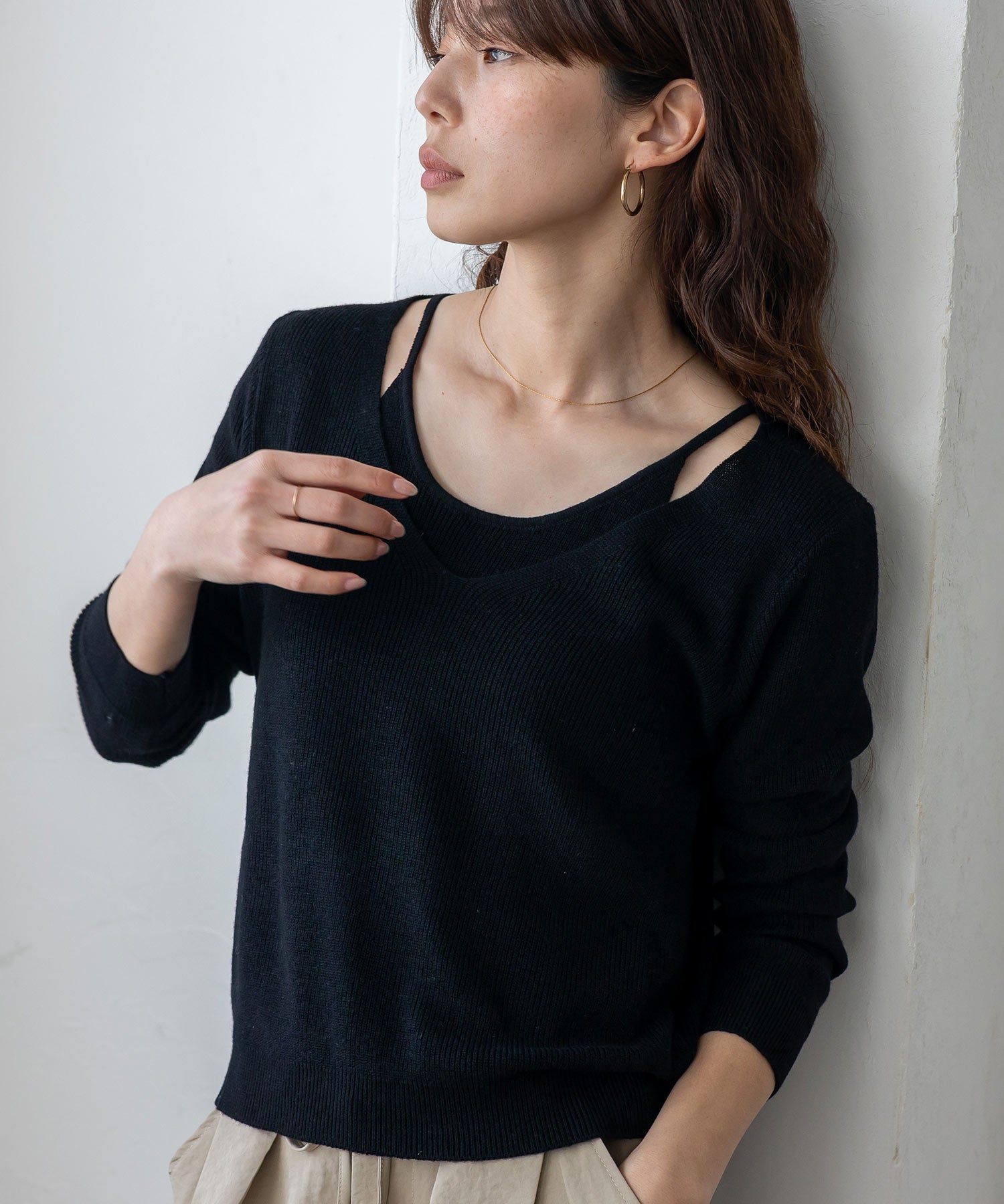 ヴィータフェリーチェ VitaFelice キャミレイヤード風ニットトップス （BLACK） BLACK