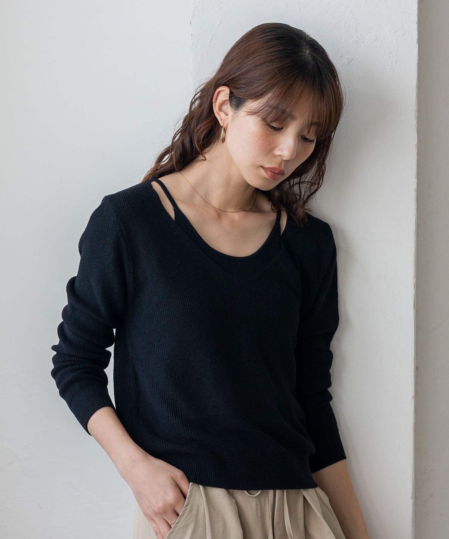 ヴィータフェリーチェ VitaFelice キャミレイヤード風ニットトップス （BLACK） BLACK