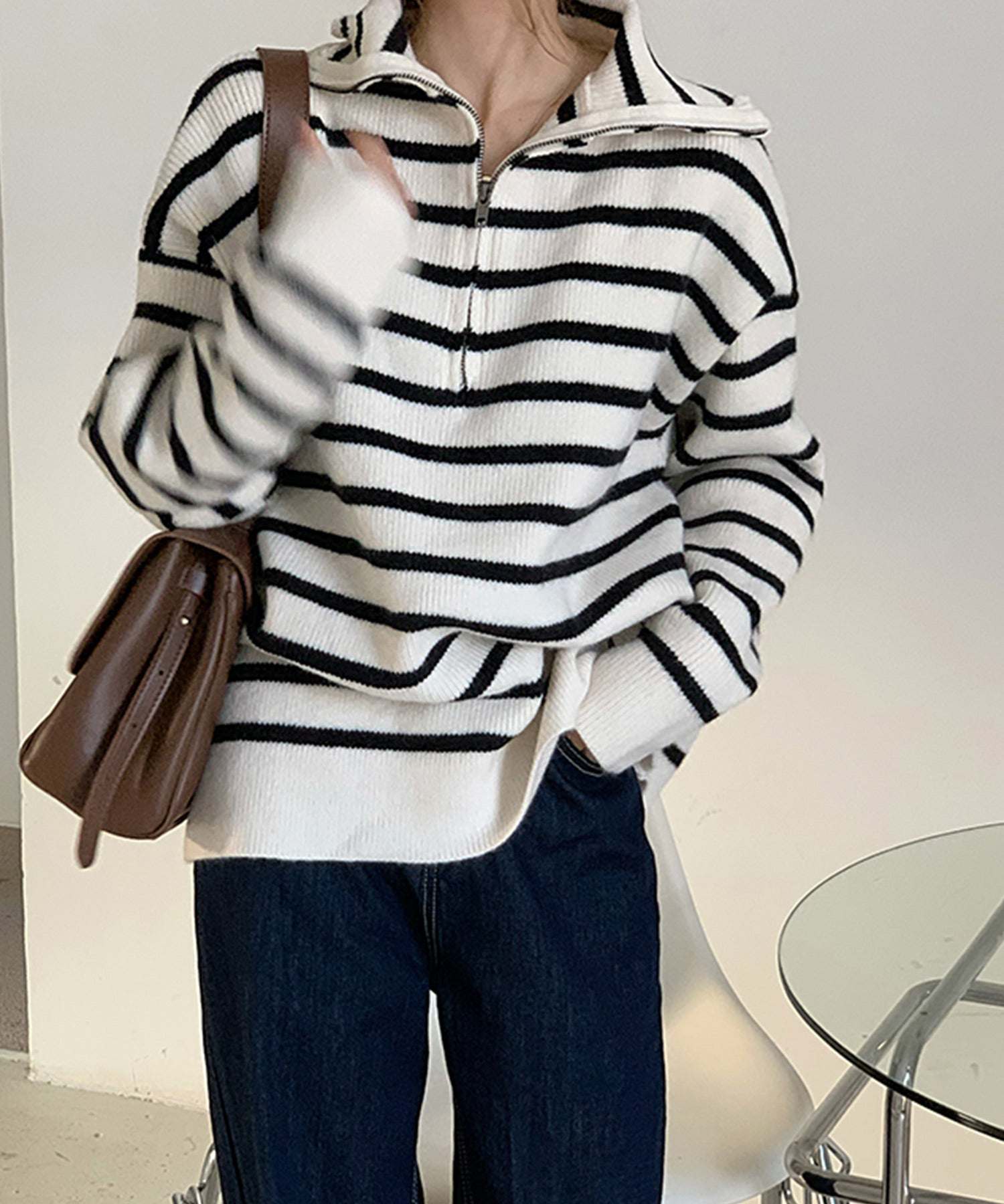 VitaFelice Sailor collar front zip knit pullover