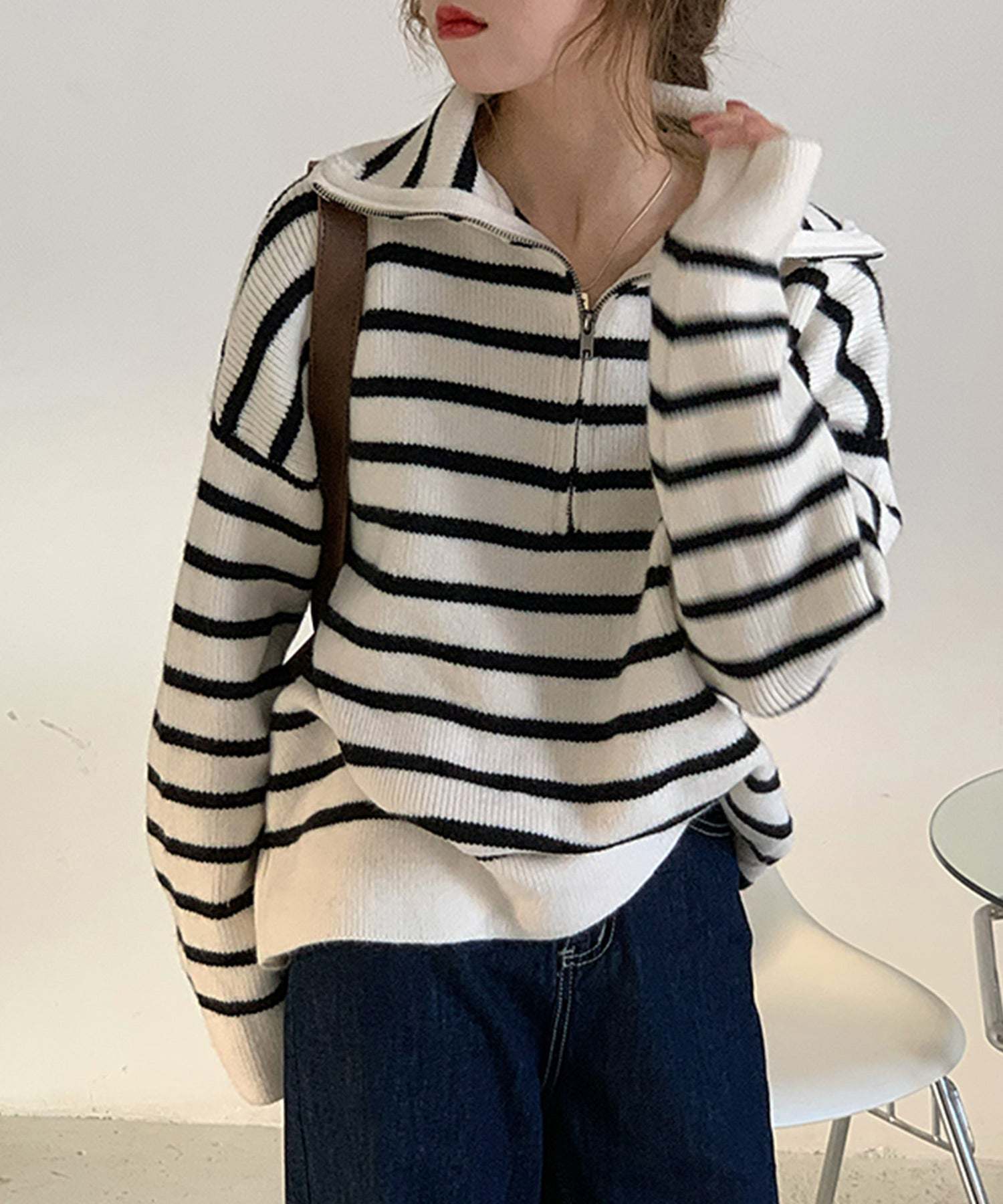 VitaFelice Sailor collar front zip knit pullover