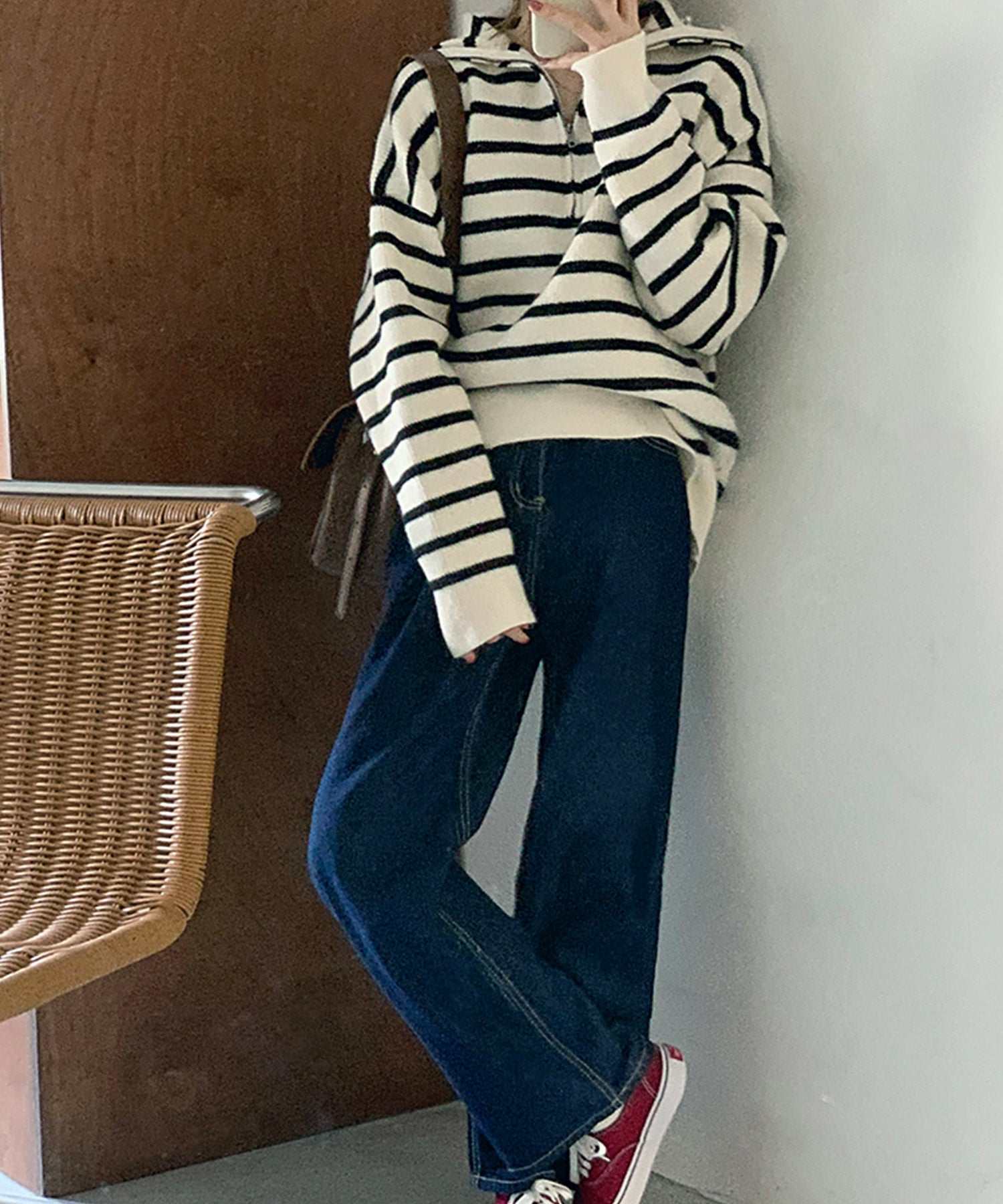 VitaFelice Sailor collar front zip knit pullover
