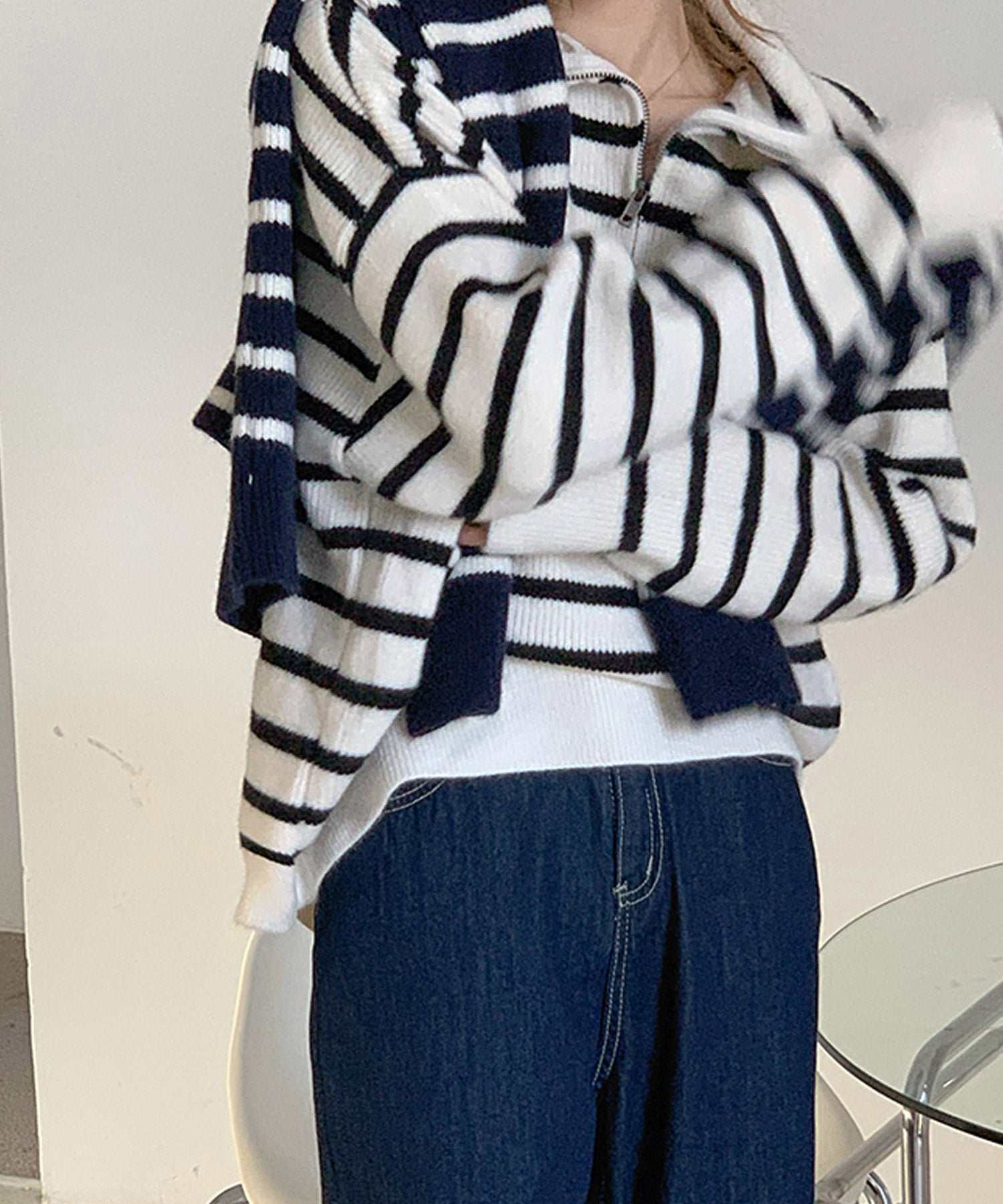 ヴィータフェリーチェ VitaFelice セーラーカラーフロントジップニットプルオーバー