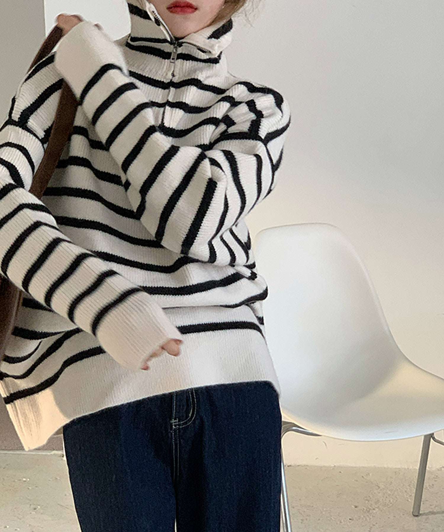 ヴィータフェリーチェ VitaFelice セーラーカラーフロントジップニットプルオーバー