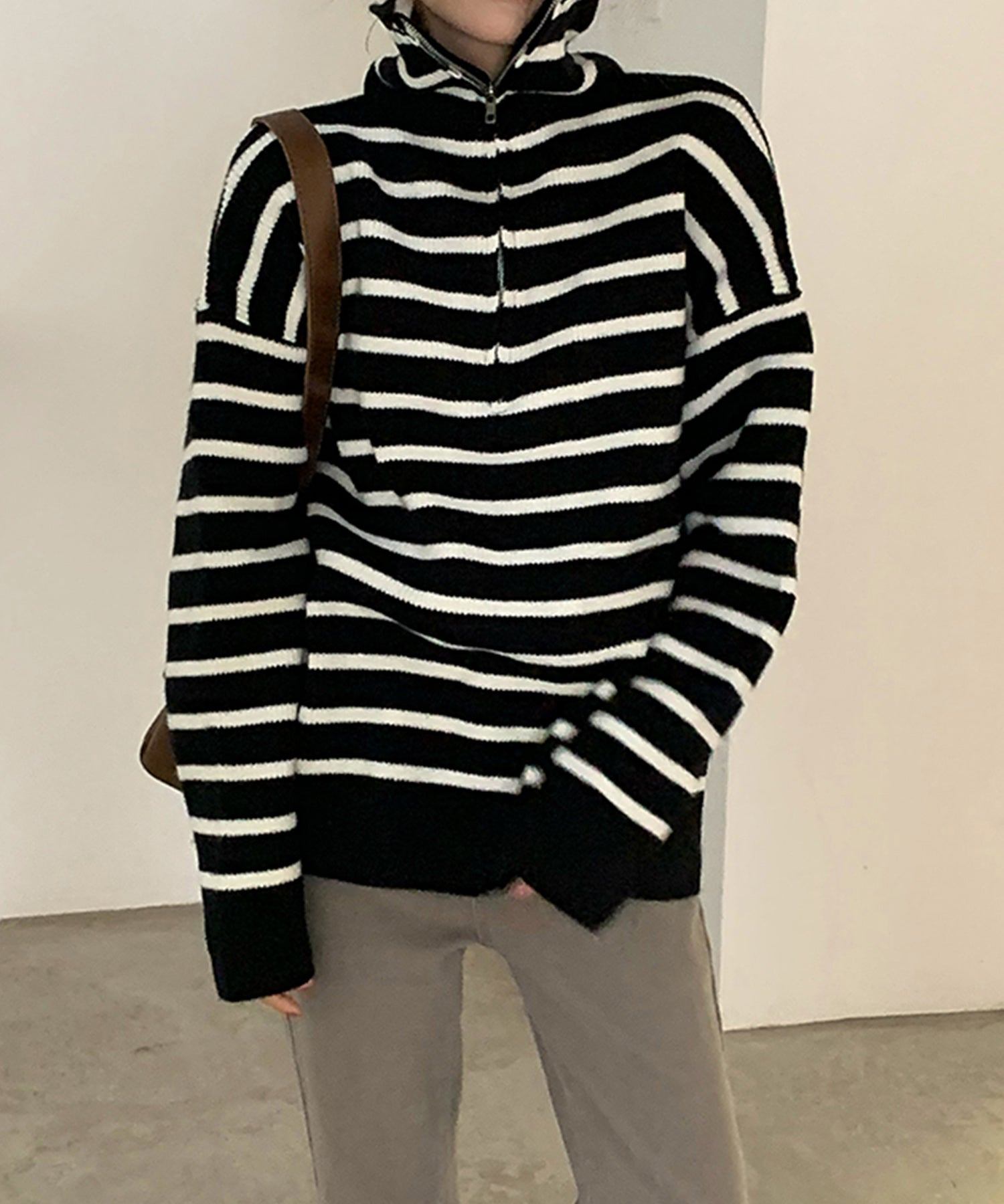 VitaFelice Sailor collar front zip knit pullover
