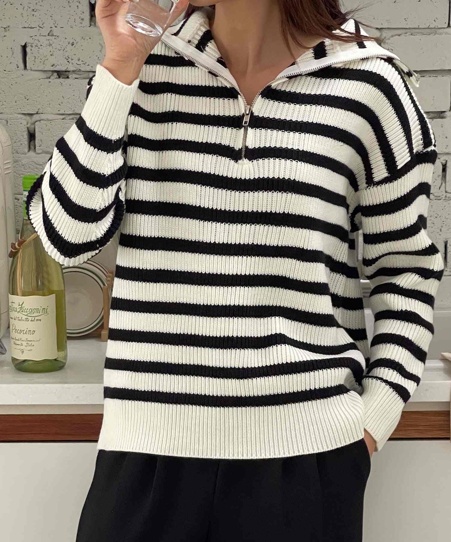 ヴィータフェリーチェ VitaFelice セーラーカラーフロントジップニットプルオーバー