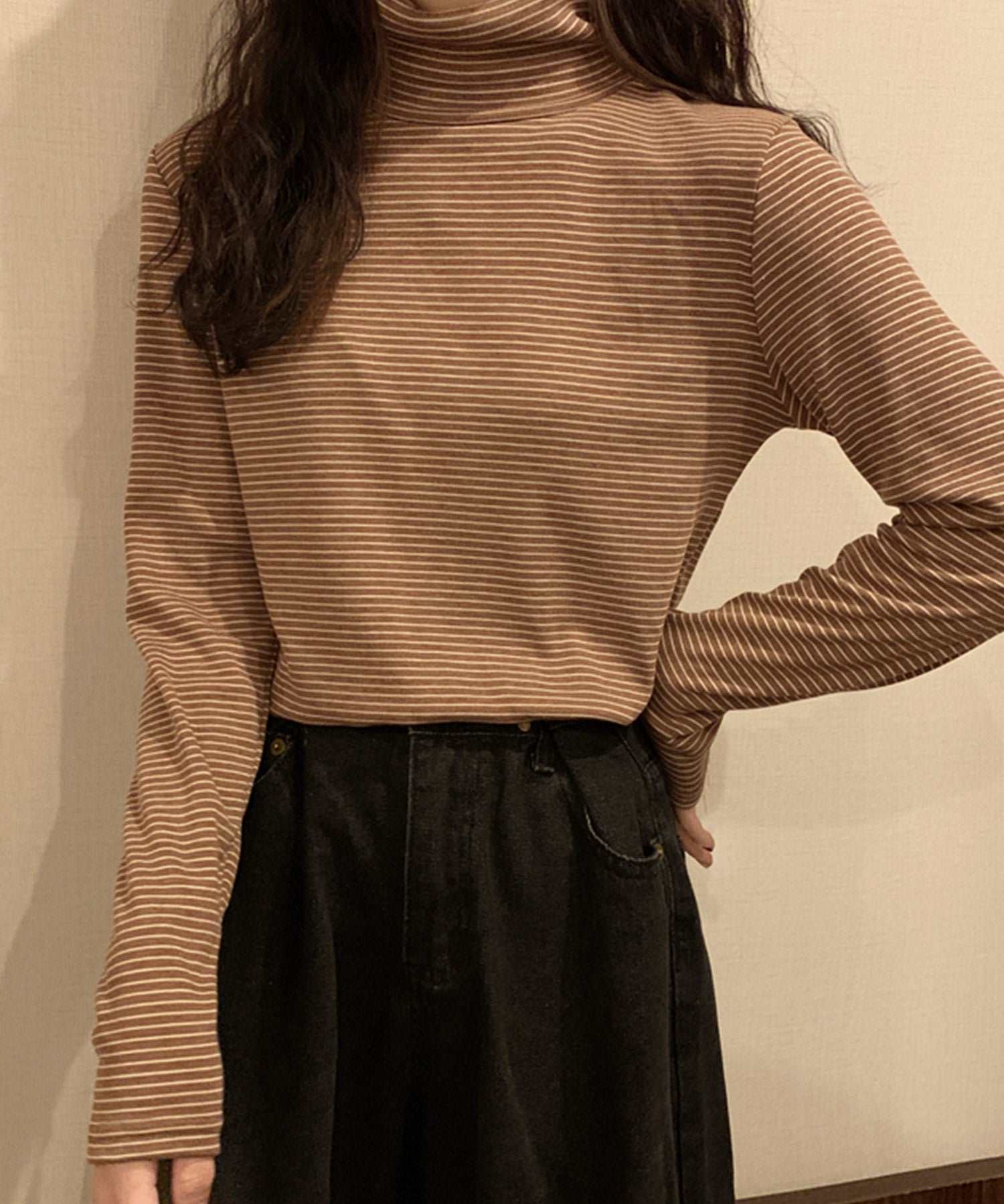 ヴィータフェリーチェ VitaFelice 裏起毛ハイネックボーダーカットソー （BROWN） BROWN