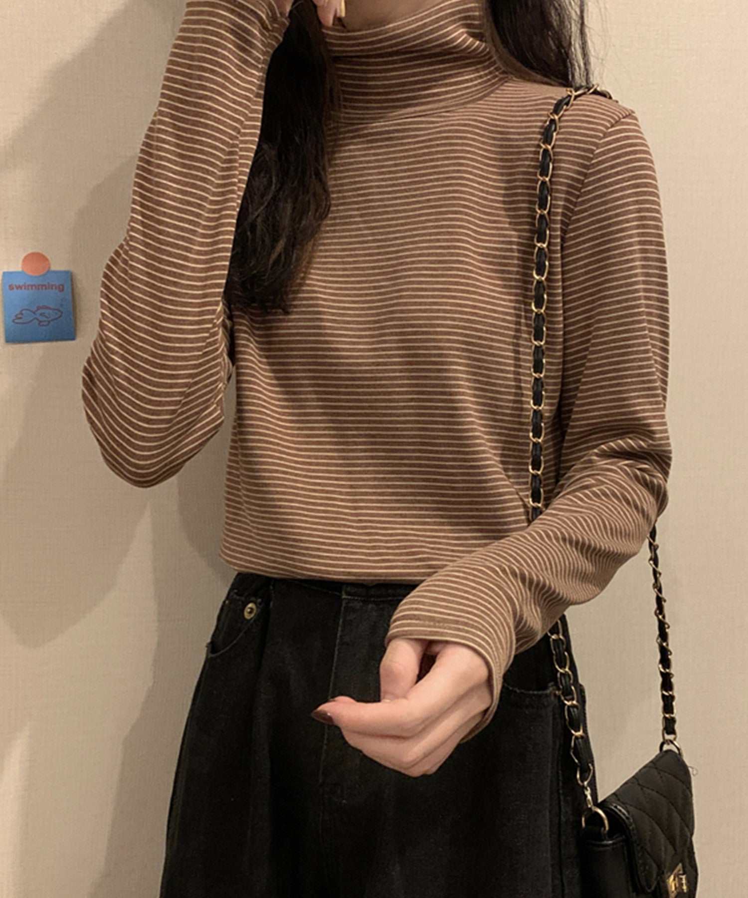 ヴィータフェリーチェ VitaFelice 裏起毛ハイネックボーダーカットソー （BROWN） BROWN