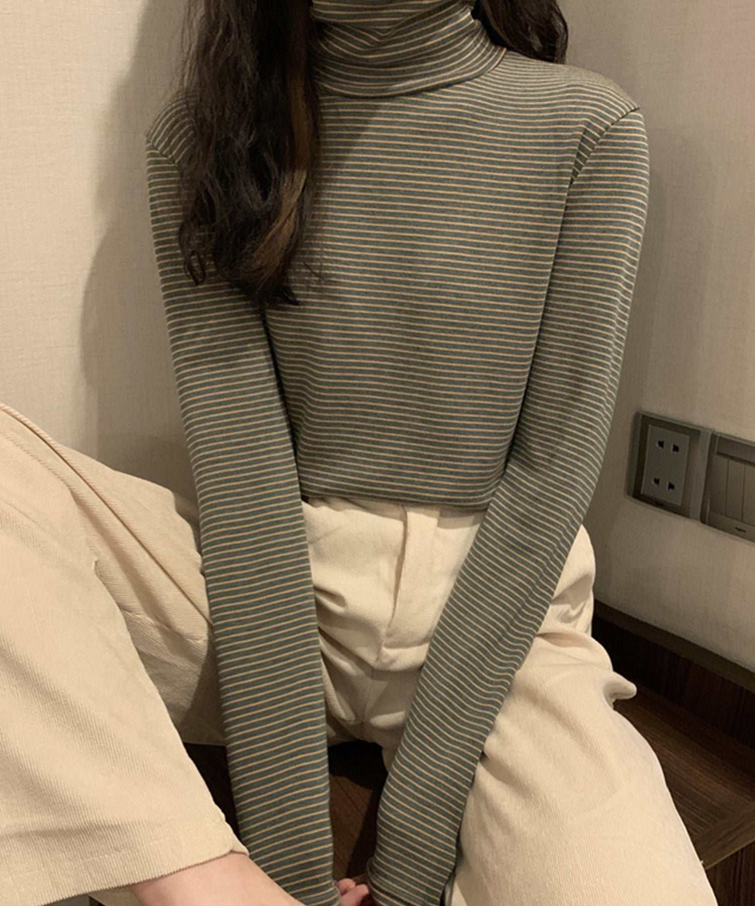 ヴィータフェリーチェ VitaFelice 裏起毛ハイネックボーダーカットソー （BROWN） BROWN