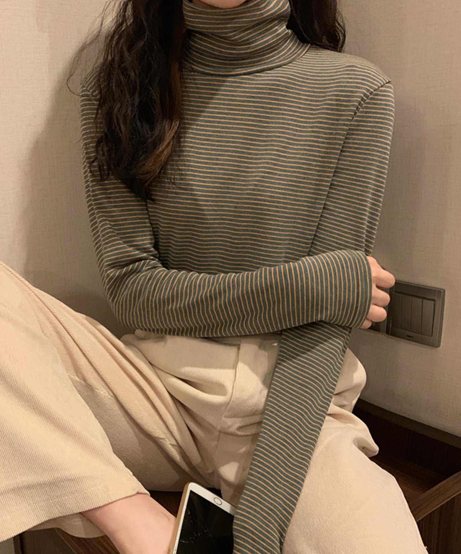 ヴィータフェリーチェ VitaFelice 裏起毛ハイネックボーダーカットソー （BROWN） BROWN