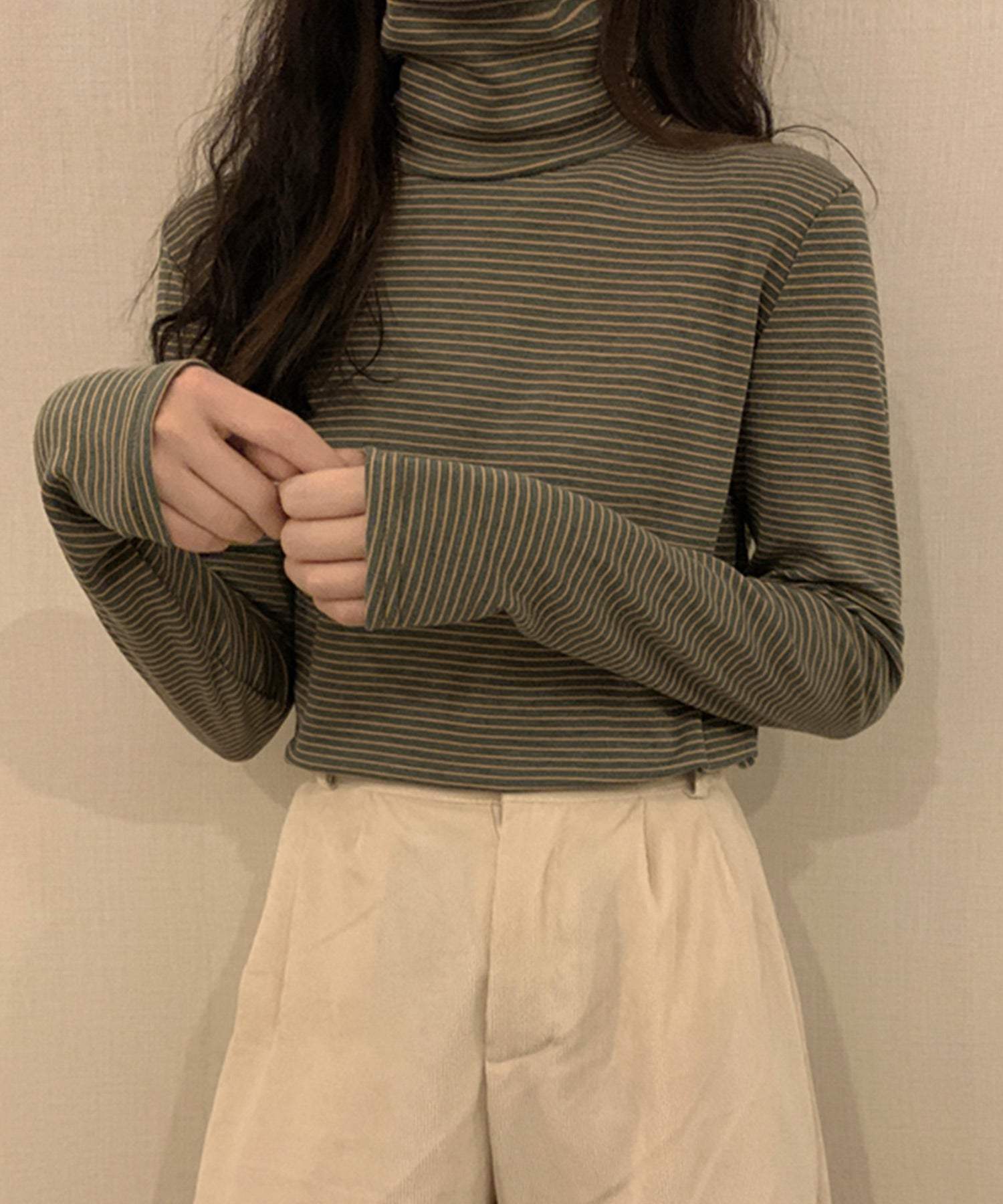 ヴィータフェリーチェ VitaFelice 裏起毛ハイネックボーダーカットソー （BROWN） BROWN