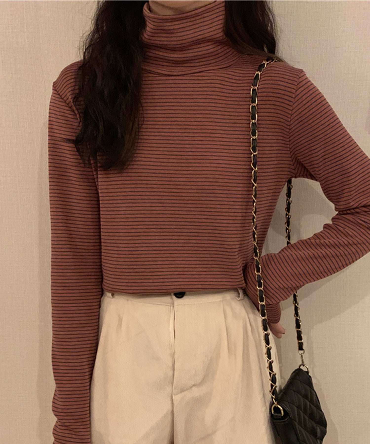 ヴィータフェリーチェ VitaFelice 裏起毛ハイネックボーダーカットソー （BROWN） BROWN