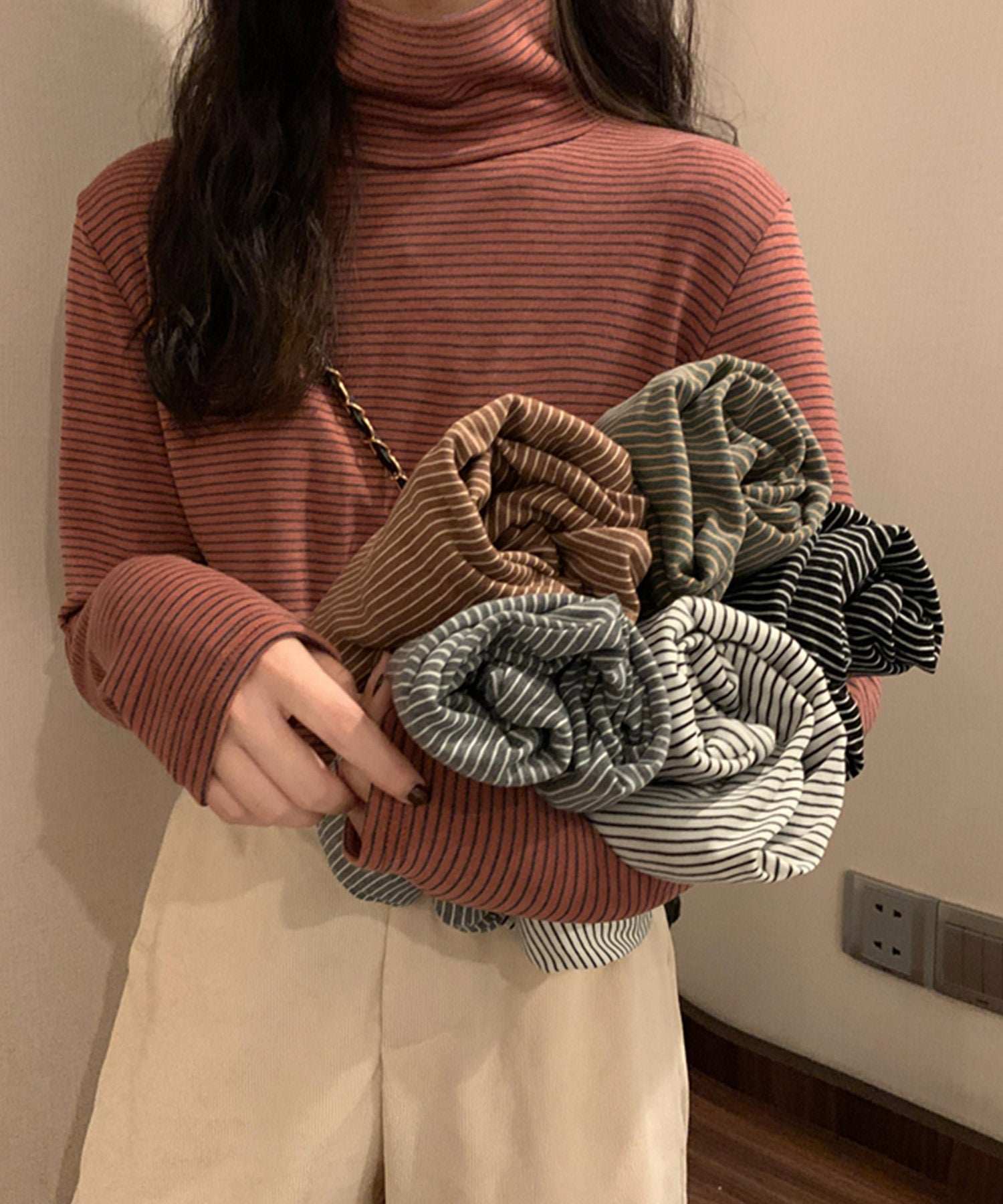 ヴィータフェリーチェ VitaFelice 裏起毛ハイネックボーダーカットソー （BROWN） BROWN