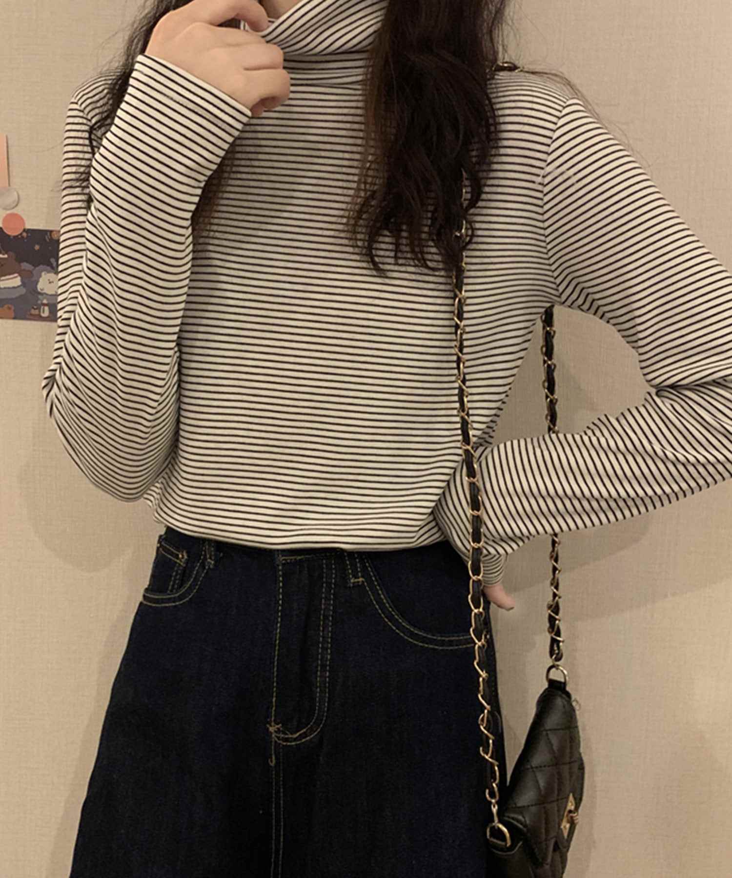 ヴィータフェリーチェ VitaFelice 裏起毛ハイネックボーダーカットソー （BROWN） BROWN