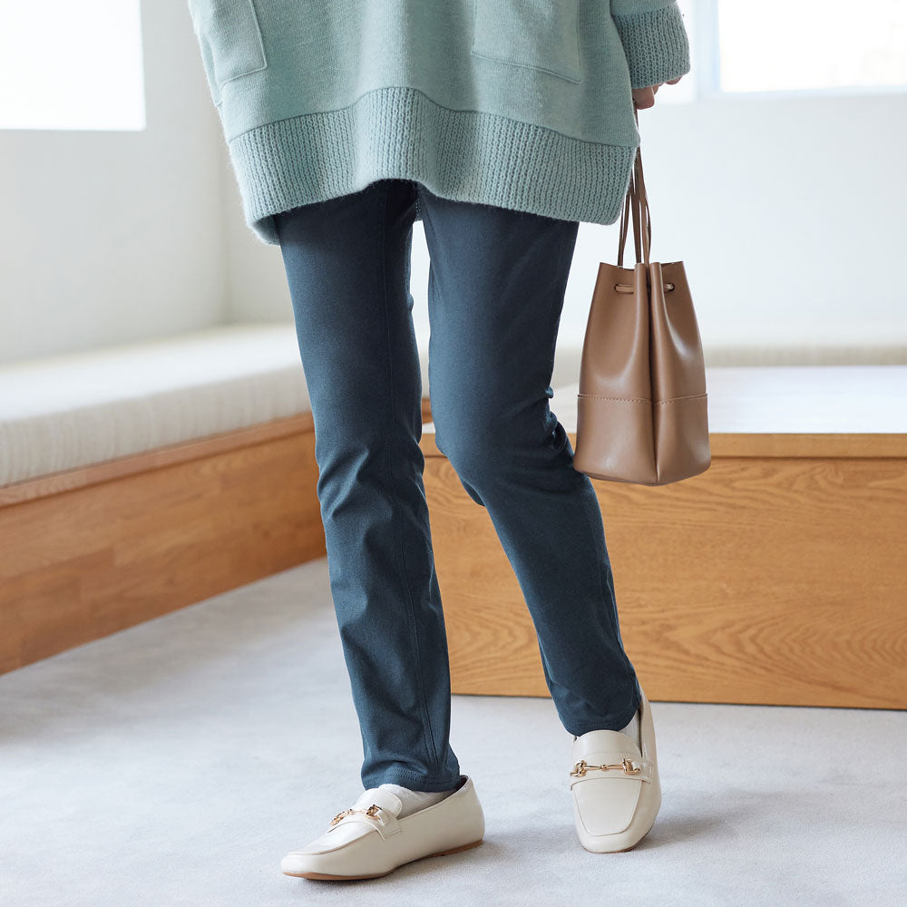 さらふわ楽ちん裏起毛チュニックパンツ,デニム調ネイビー