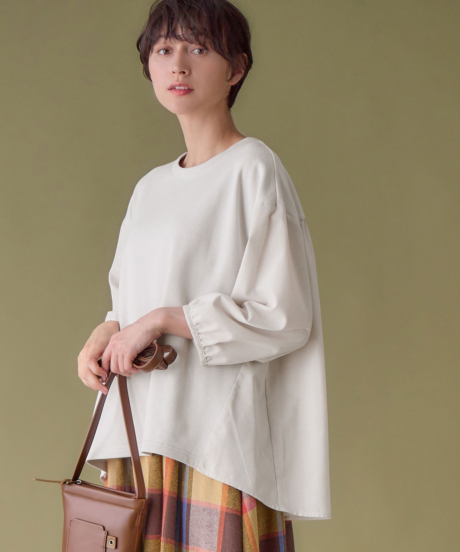 綿混ミニ裏毛異素材切替フレアートップス ライトグレー