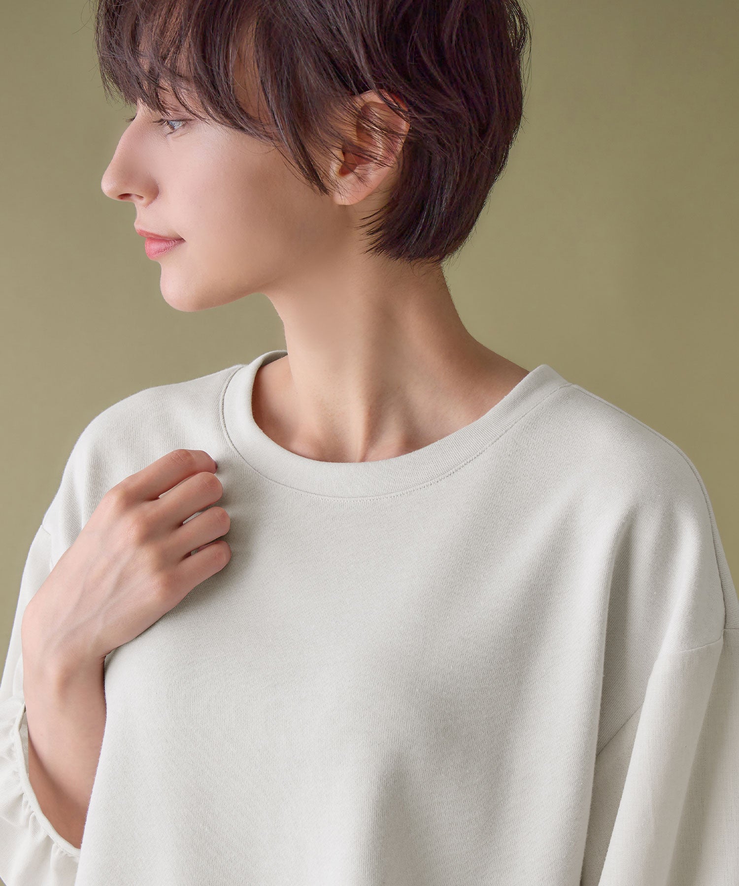 綿混ミニ裏毛異素材切替フレアートップス ライトグレー