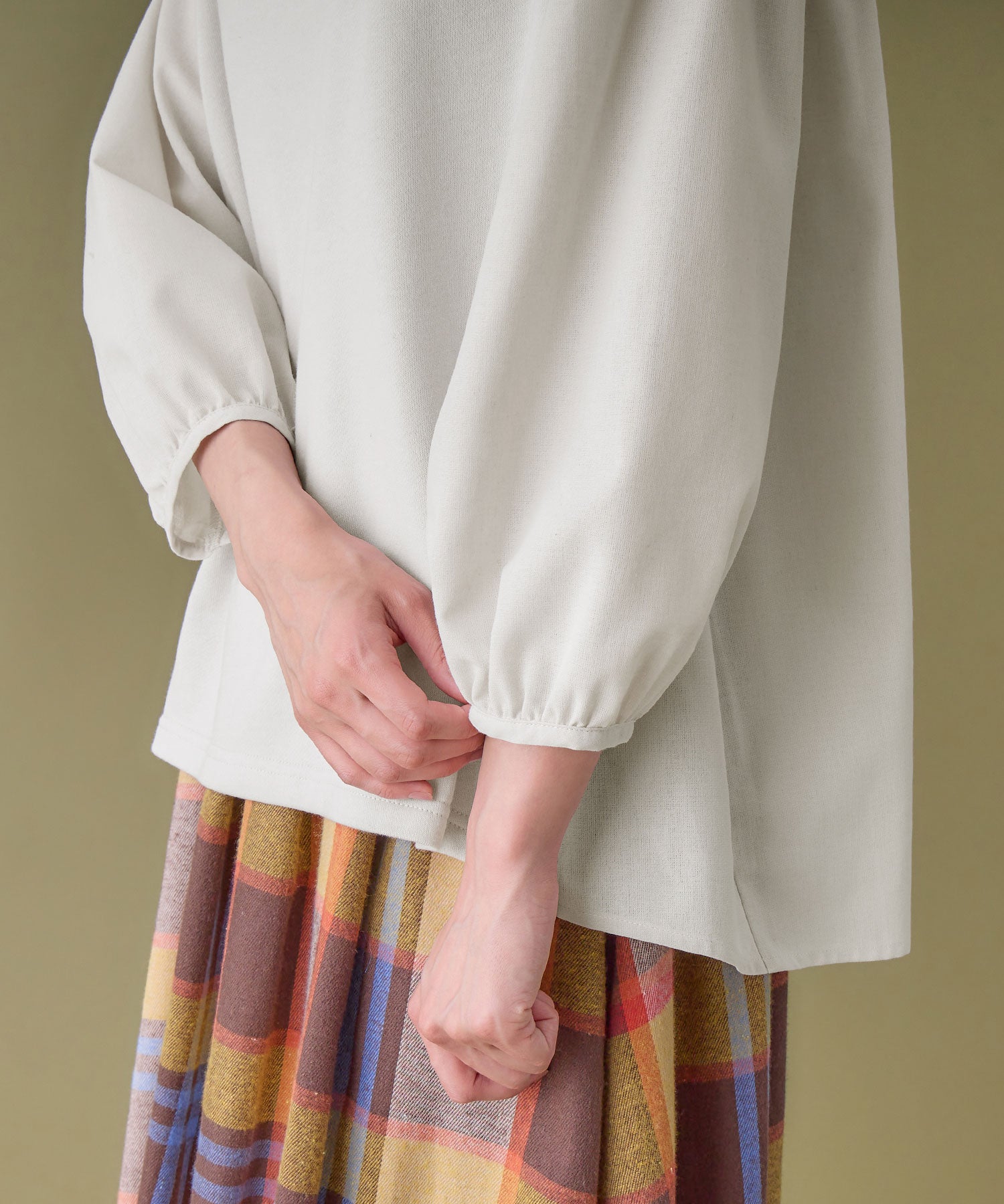 綿混ミニ裏毛異素材切替フレアートップス ライトグレー