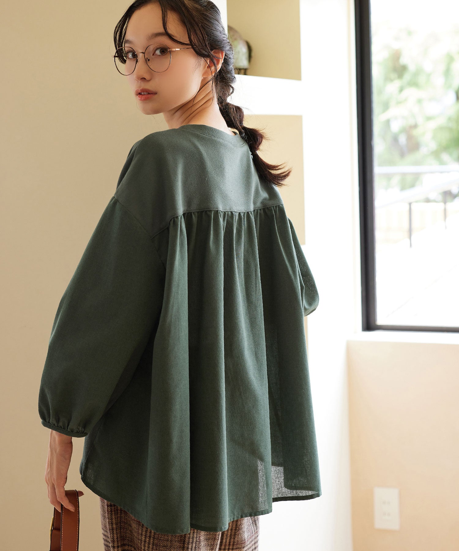 綿混ミニ裏毛異素材切替フレアートップス グリーン