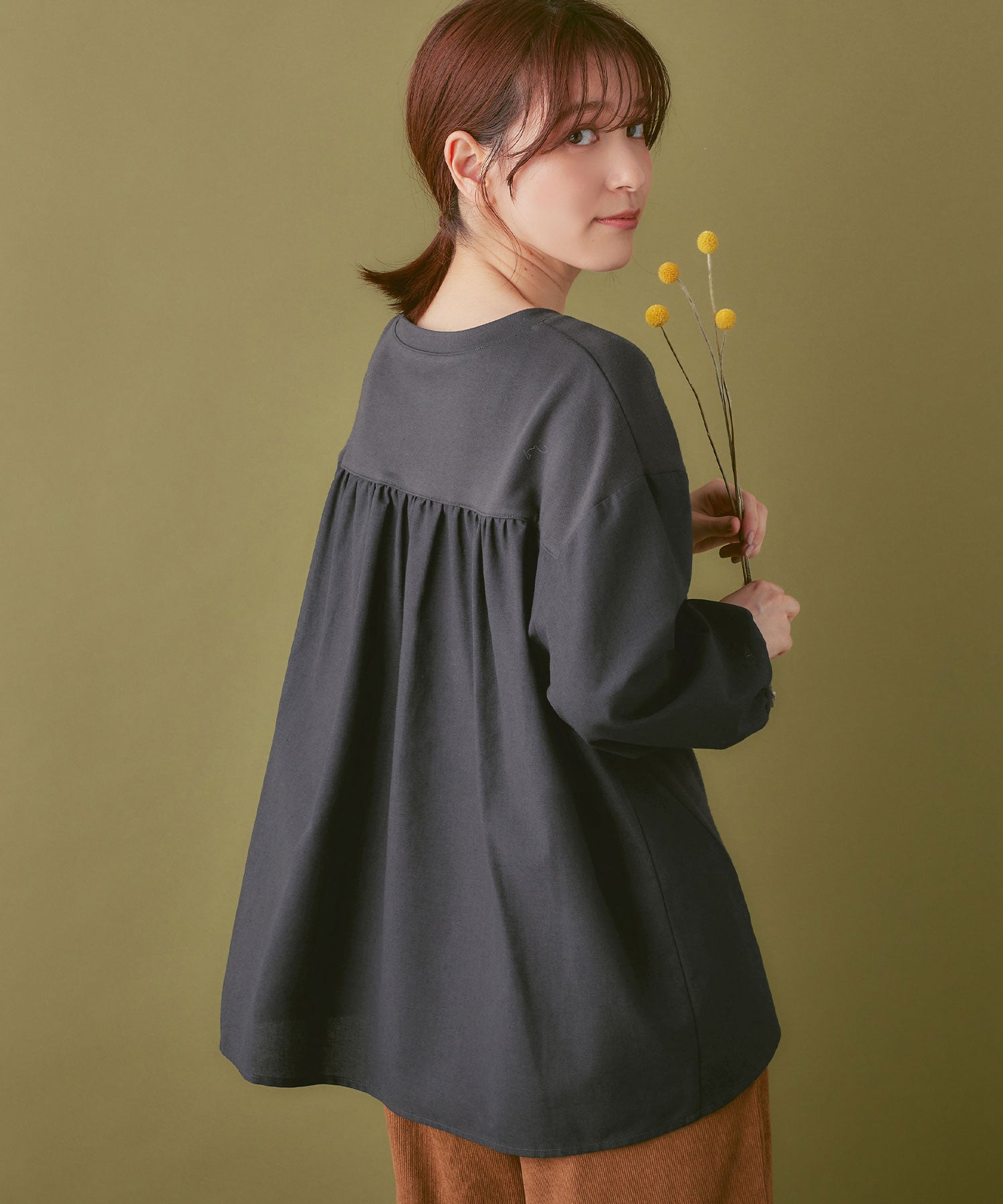 綿混ミニ裏毛異素材切替フレアートップス スミ黒