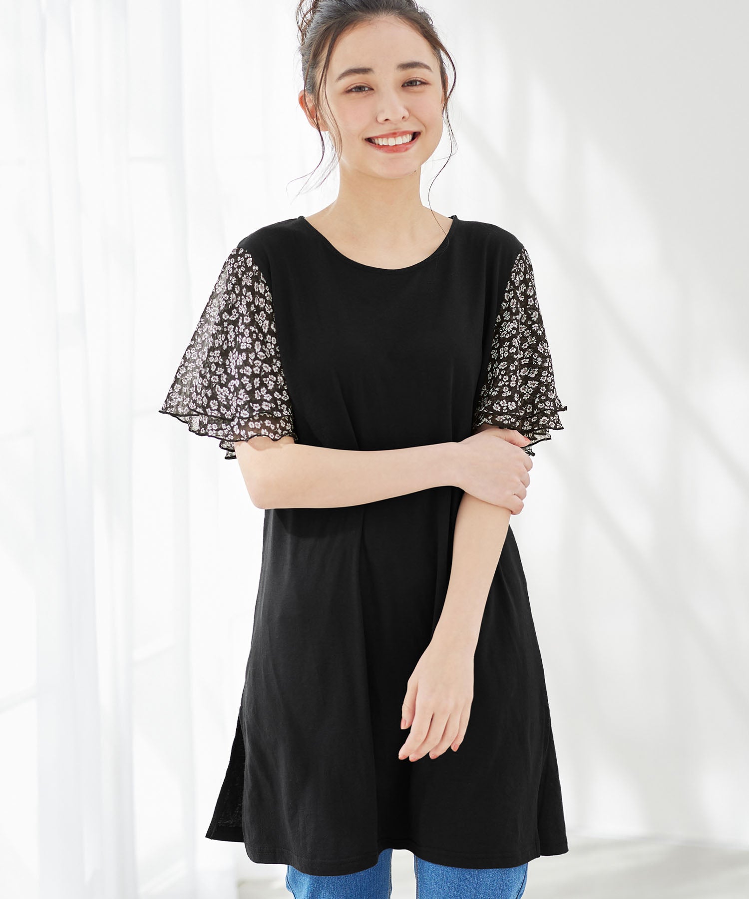 【５つの機能付】袖シフォンゆるチュニック