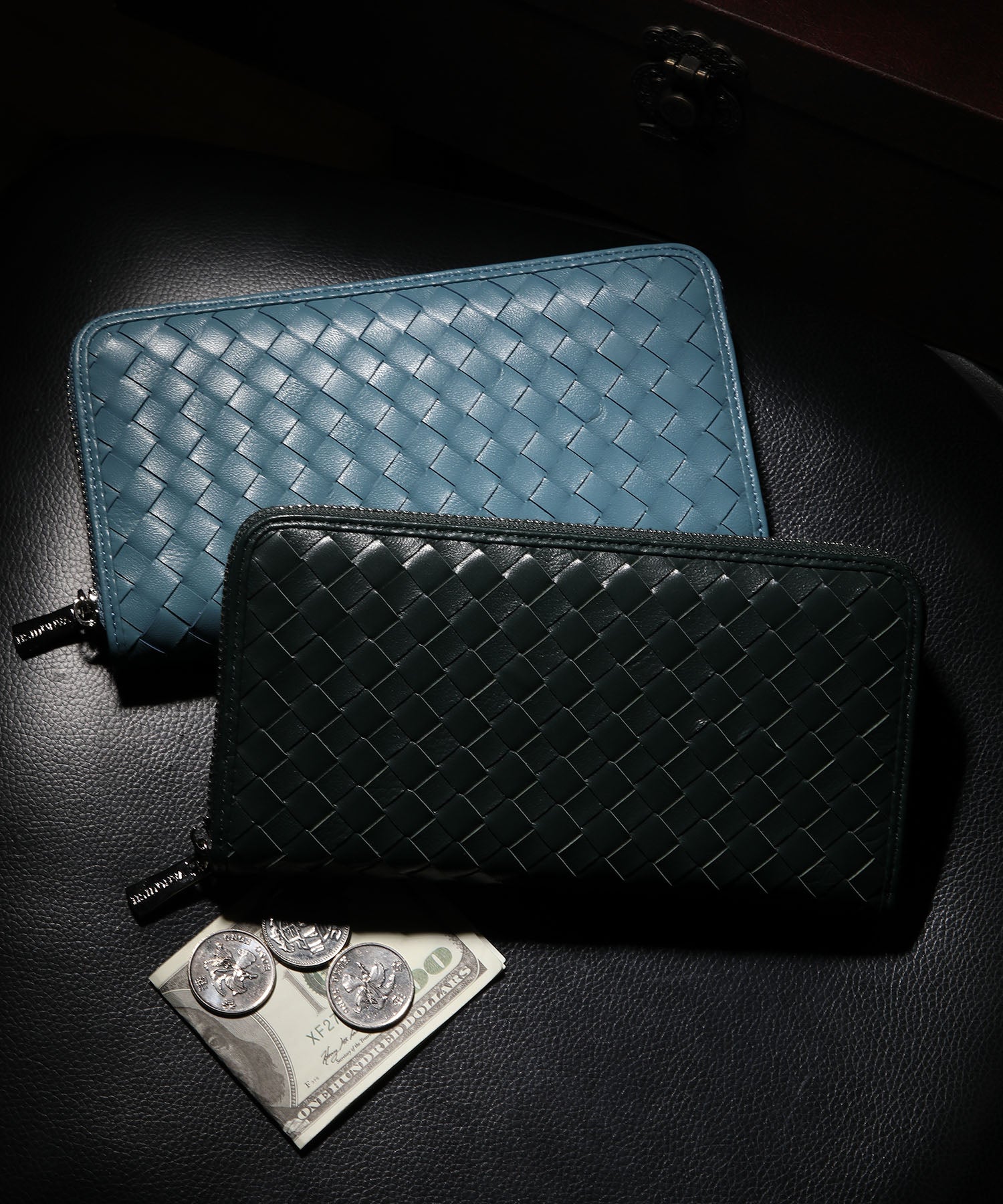 ヴァンキッシュ VANQUISH ラム革編込みラウンドZIP WALLET,BLK/D.BRN