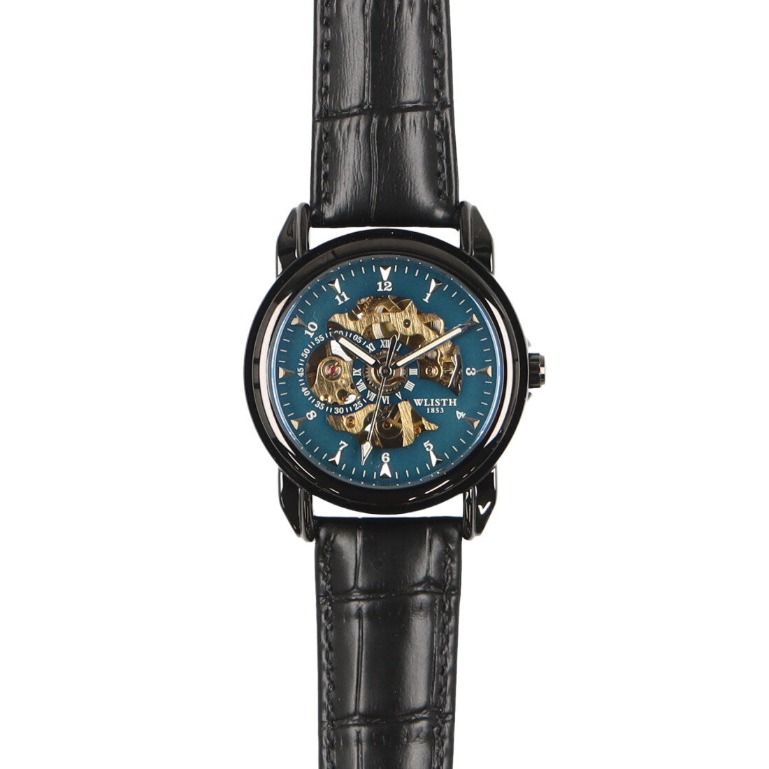 VARIOUS STYLE Automatic watch Simple function skeleton design Black case Leather strap Mechanical watch WSA026-BLU
