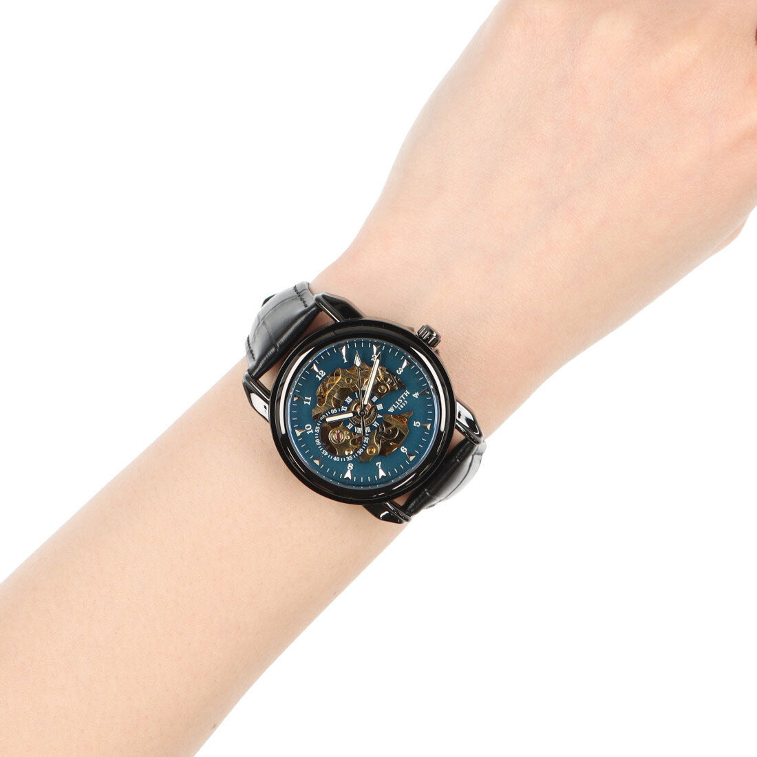 VARIOUS STYLE Automatic watch Simple function skeleton design Black case Leather strap Mechanical watch WSA026-BLU
