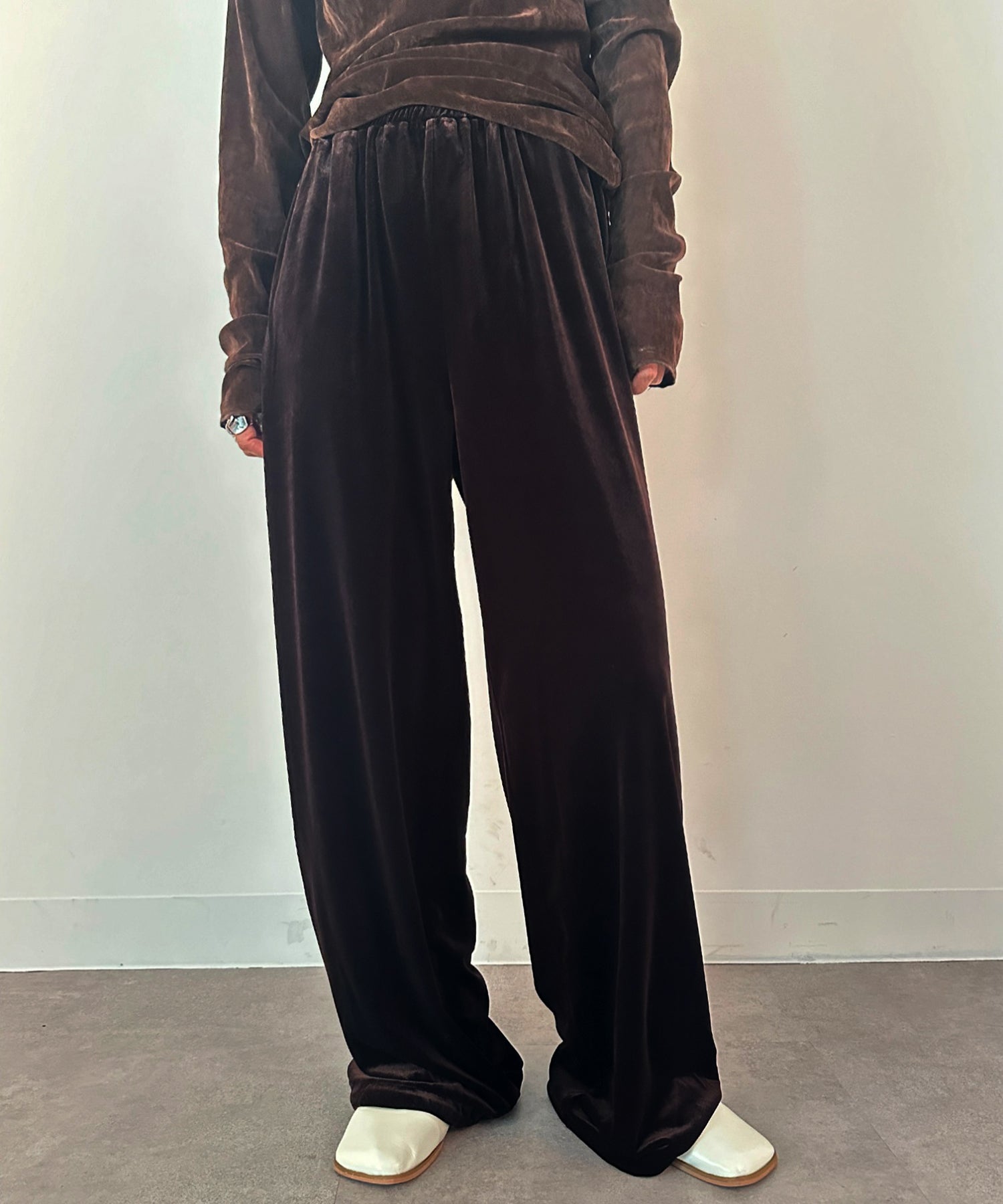vieux by MAISON BREEZE イージーパンツ ベロア パンツ ウエスト紐 無地 ベロアパンツ Easy velour pants （ダークブラウン） ダークブラウン