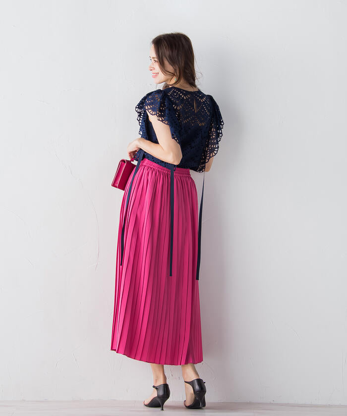 Viaggio Blu 【Viaggio Blu】 Floral Stretch Deshin Pleated Skirt